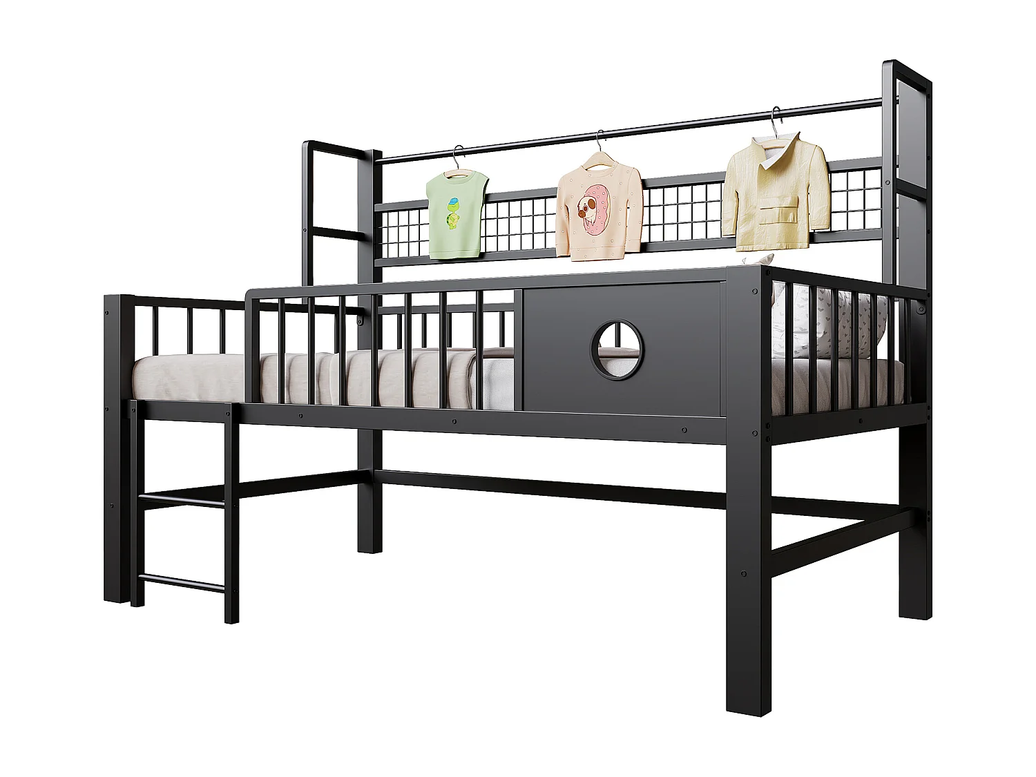 Lit enfant 90x200cm - Cadre en métal - Avec compartiments de rangement - Noir (matelas non inclus)