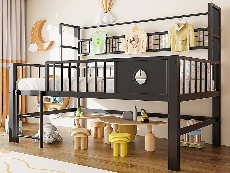 Lit enfant 90x200cm - Cadre en métal - Avec compartiments de rangement - Noir (matelas non inclus)