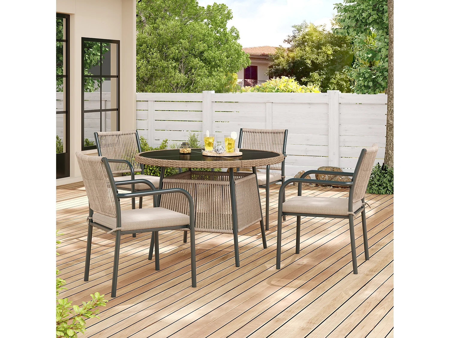 Ensemble de salle à manger de jardin pour 4 places - 4 fauteuils - 1 table - structure en fer galvanisé - Plateau en verre trempé - gris