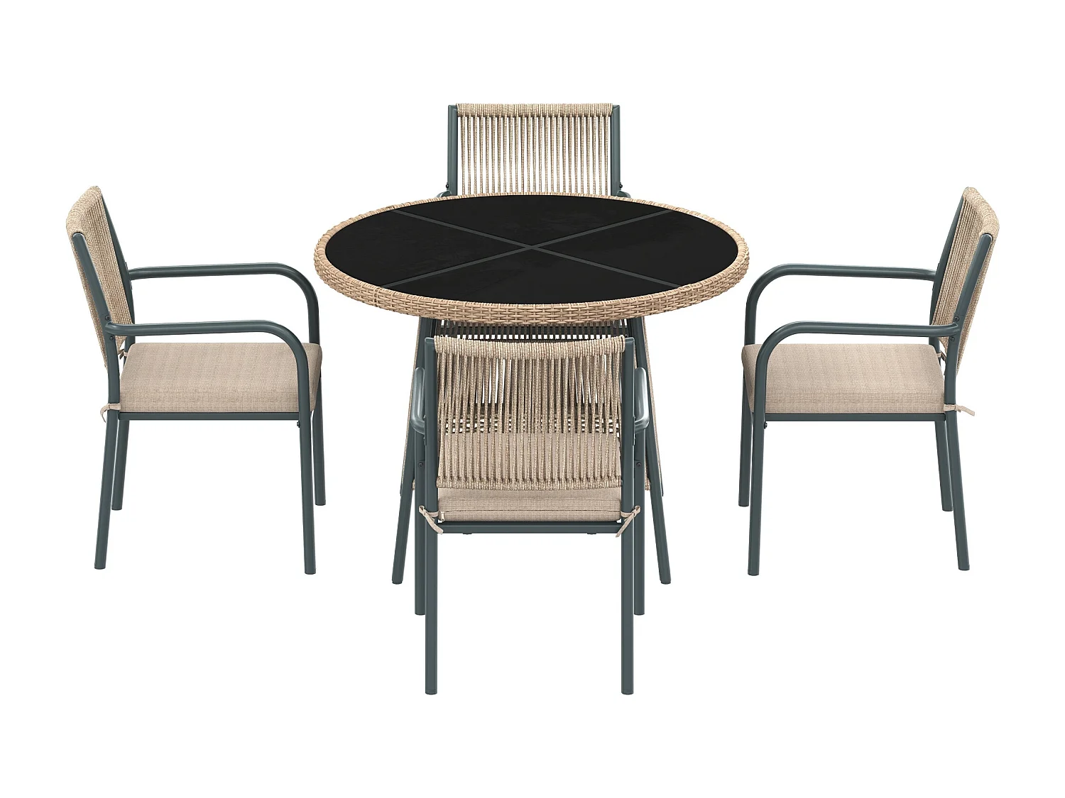 Ensemble de salle à manger de jardin pour 4 places - 4 fauteuils - 1 table - structure en fer galvanisé - Plateau en verre trempé - gris