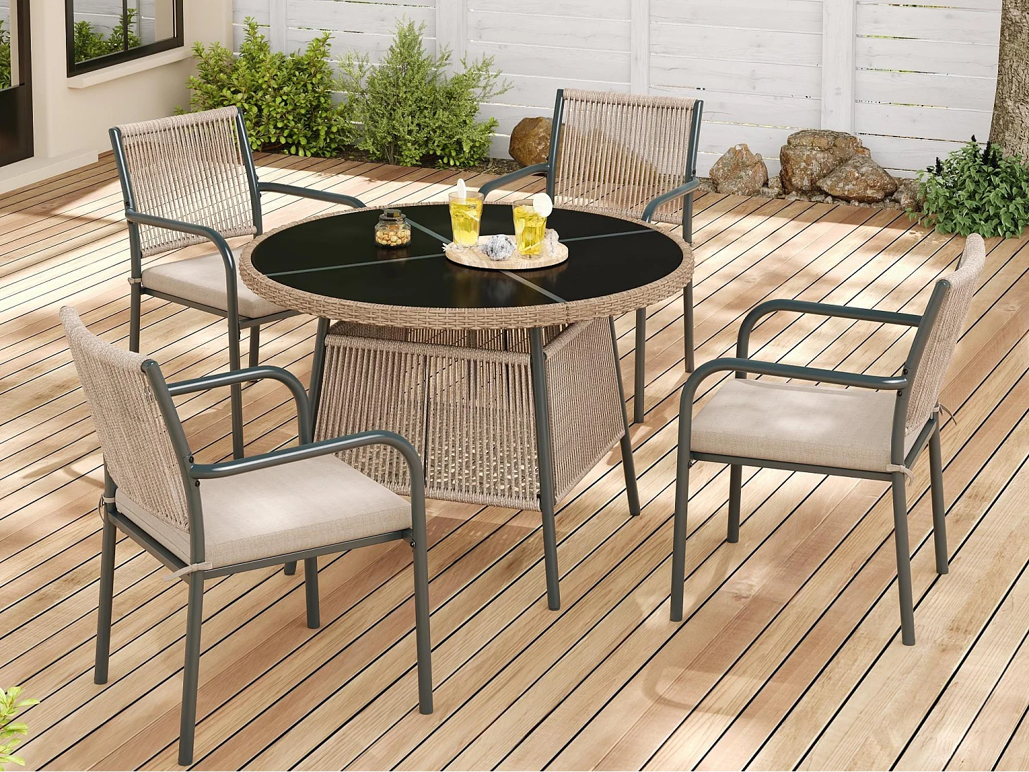 Set da pranzo da giardino per 4 posti - 4 poltrone - 1 tavolo - struttura in ferro zincato - Piano in vetro temperato - grigio