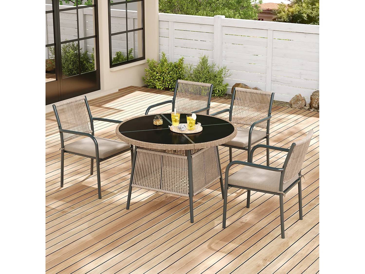 Set da pranzo da giardino per 4 posti - 4 poltrone - 1 tavolo - struttura in ferro zincato - Piano in vetro temperato - grigio