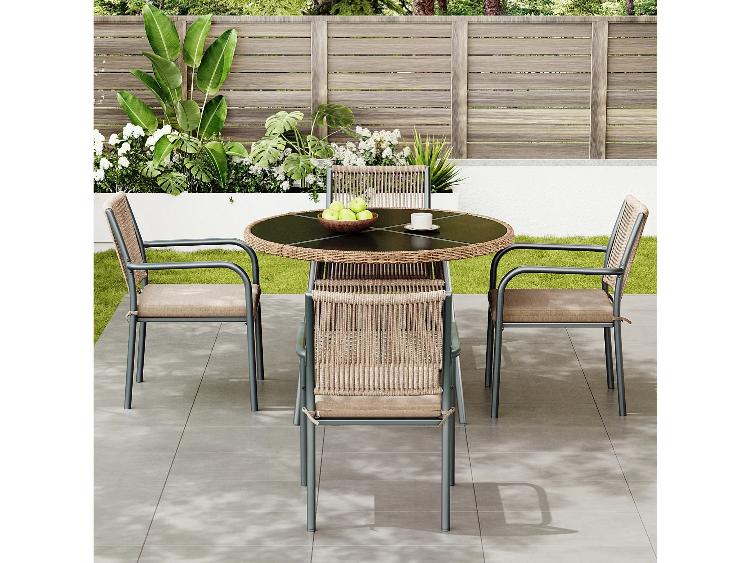 Set da pranzo da giardino per 4 posti - 4 poltrone - 1 tavolo - struttura in ferro zincato - Piano in vetro temperato - grigio