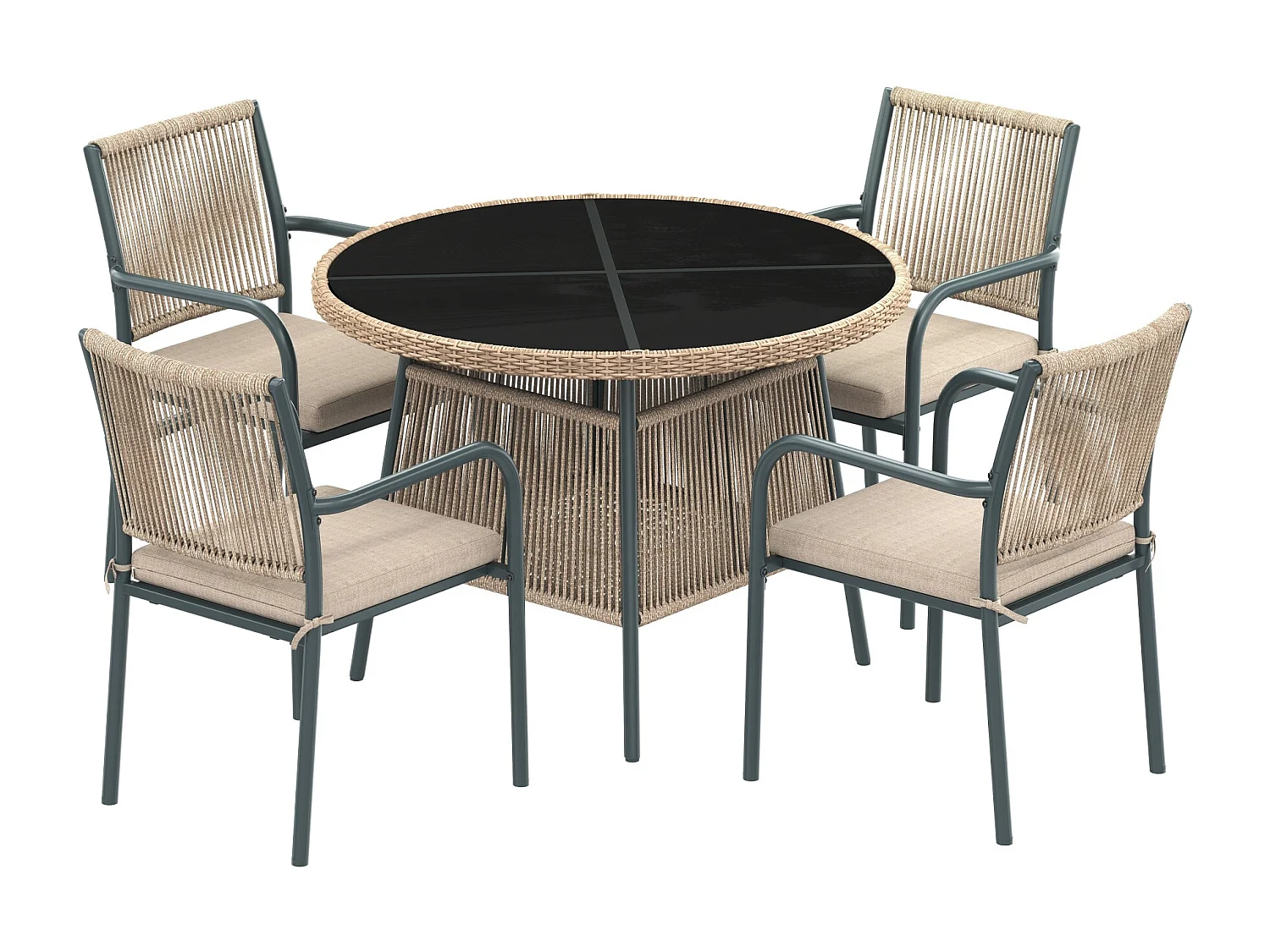 Set da pranzo da giardino per 4 posti - 4 poltrone - 1 tavolo - struttura in ferro zincato - Piano in vetro temperato - grigio