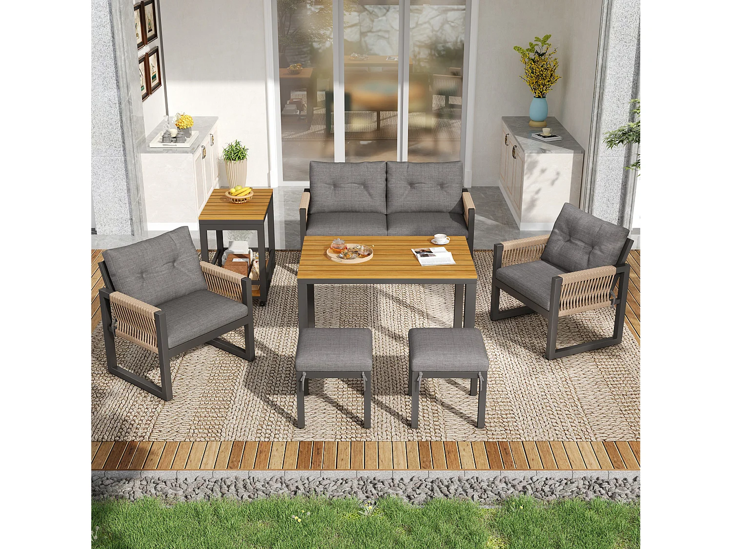 Ensemble de salle à manger de jardin 6 personnes - 4 fauteuils - 1 table - 2 tabourets - en fer galvanisé - en tissu amovibles et lavables - Gris