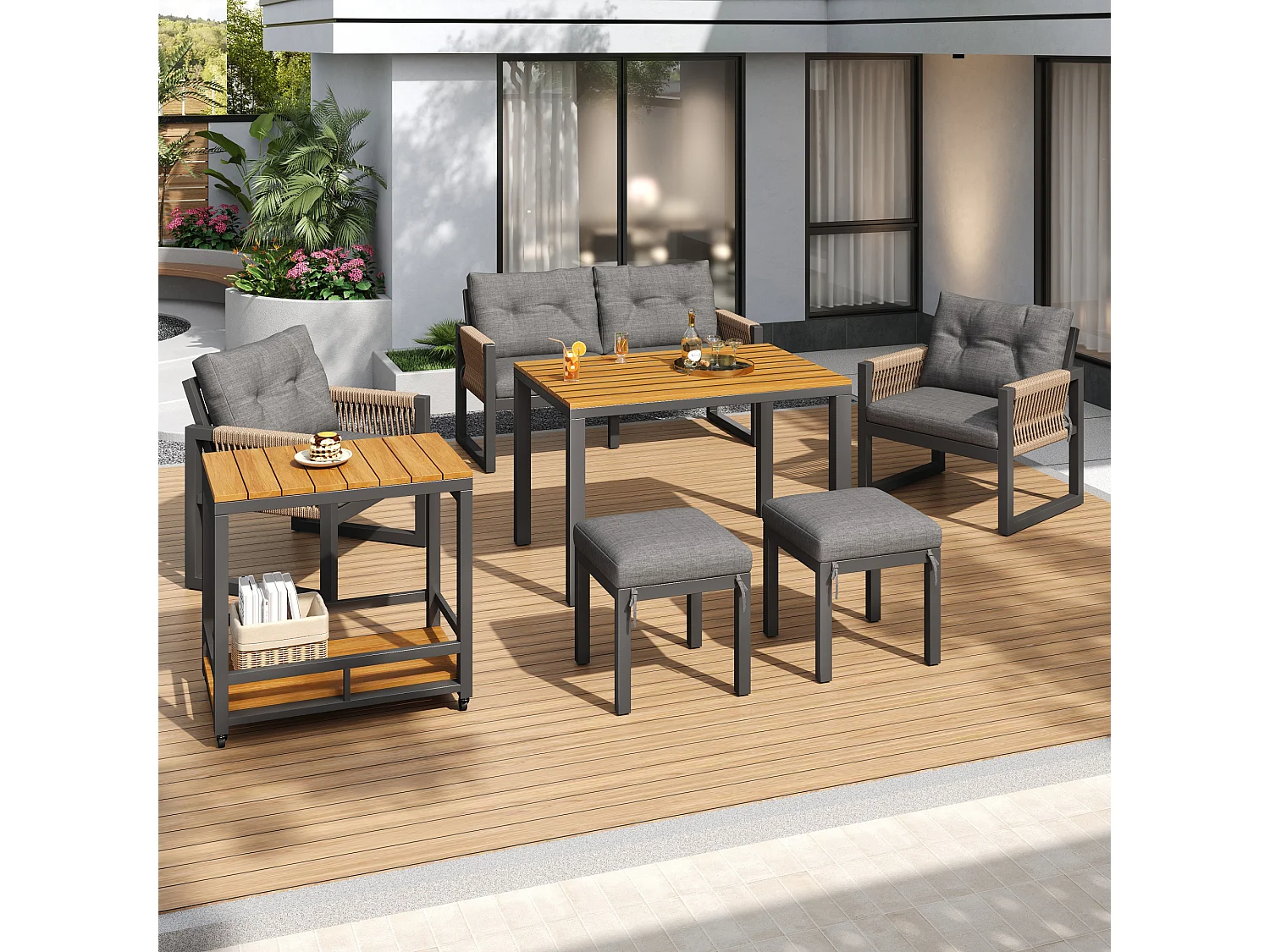 Ensemble de salle à manger de jardin 6 personnes - 4 fauteuils - 1 table - 2 tabourets - en fer galvanisé - en tissu amovibles et lavables - Gris