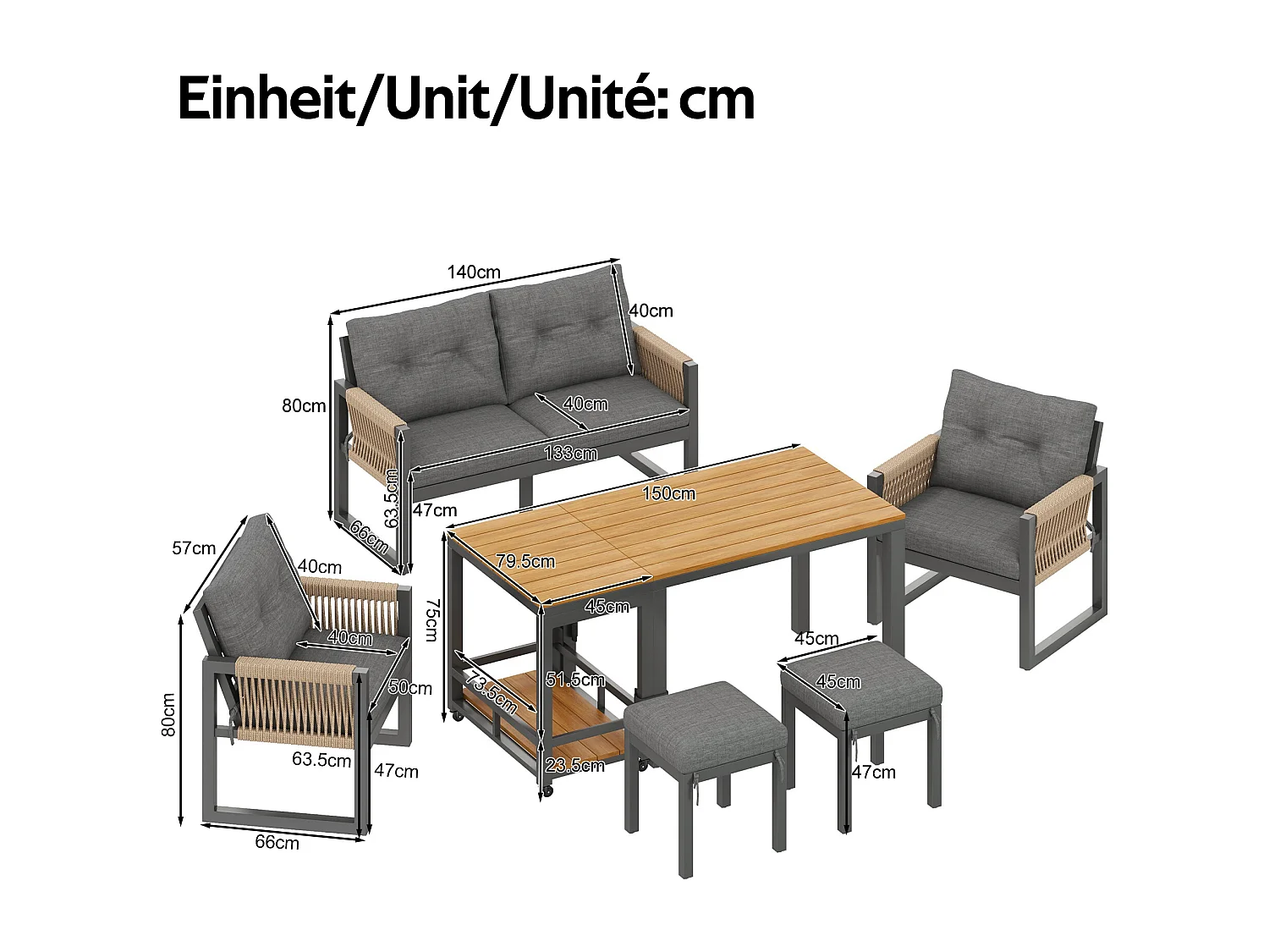 Ensemble de salle à manger de jardin 6 personnes - 4 fauteuils - 1 table - 2 tabourets - en fer galvanisé - en tissu amovibles et lavables - Gris