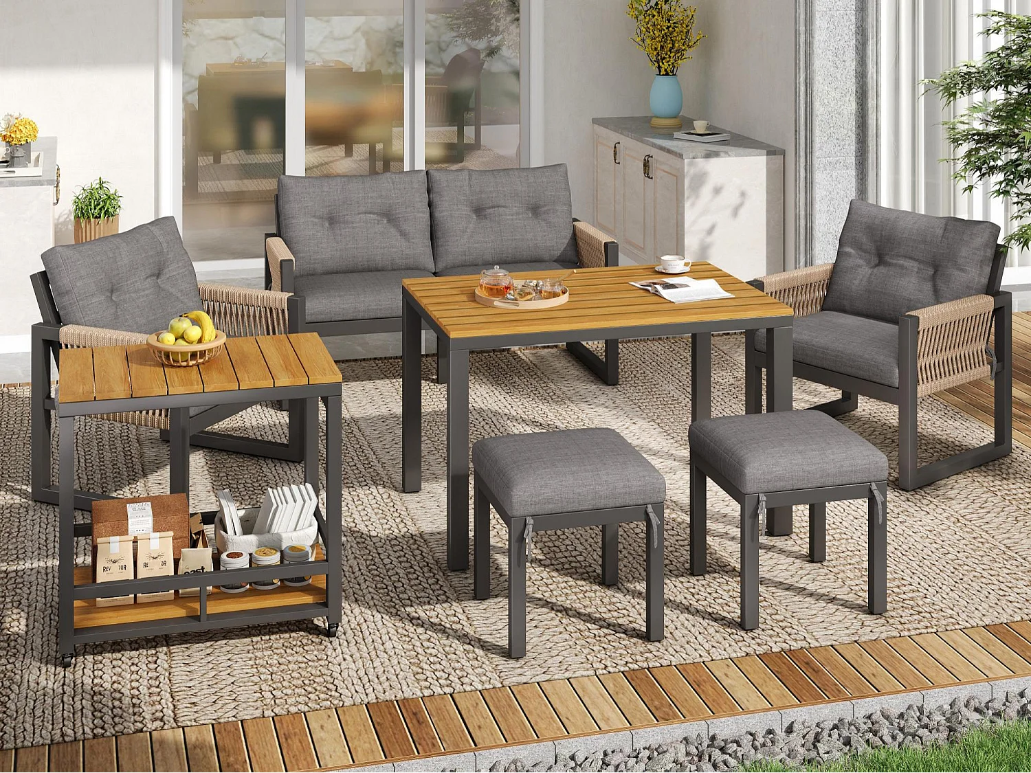 Ensemble de salle à manger de jardin 6 personnes - 4 fauteuils - 1 table - 2 tabourets - en fer galvanisé - en tissu amovibles et lavables - Gris