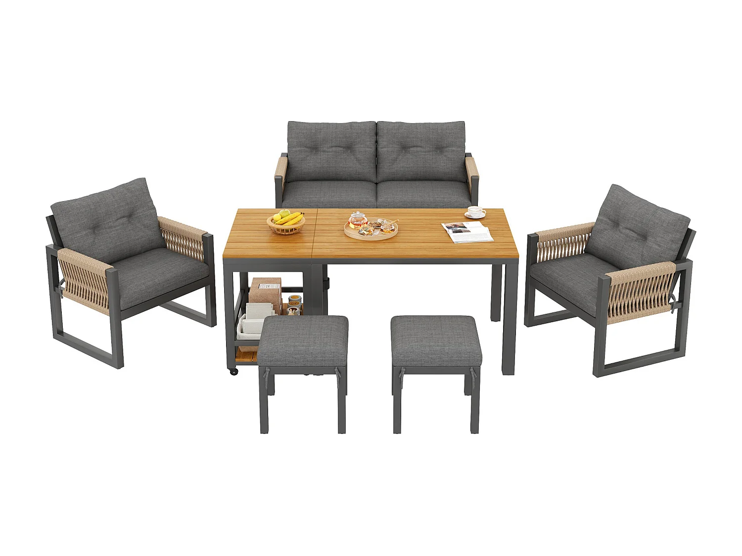 Ensemble de salle à manger de jardin 6 personnes - 4 fauteuils - 1 table - 2 tabourets - en fer galvanisé - en tissu amovibles et lavables - Gris