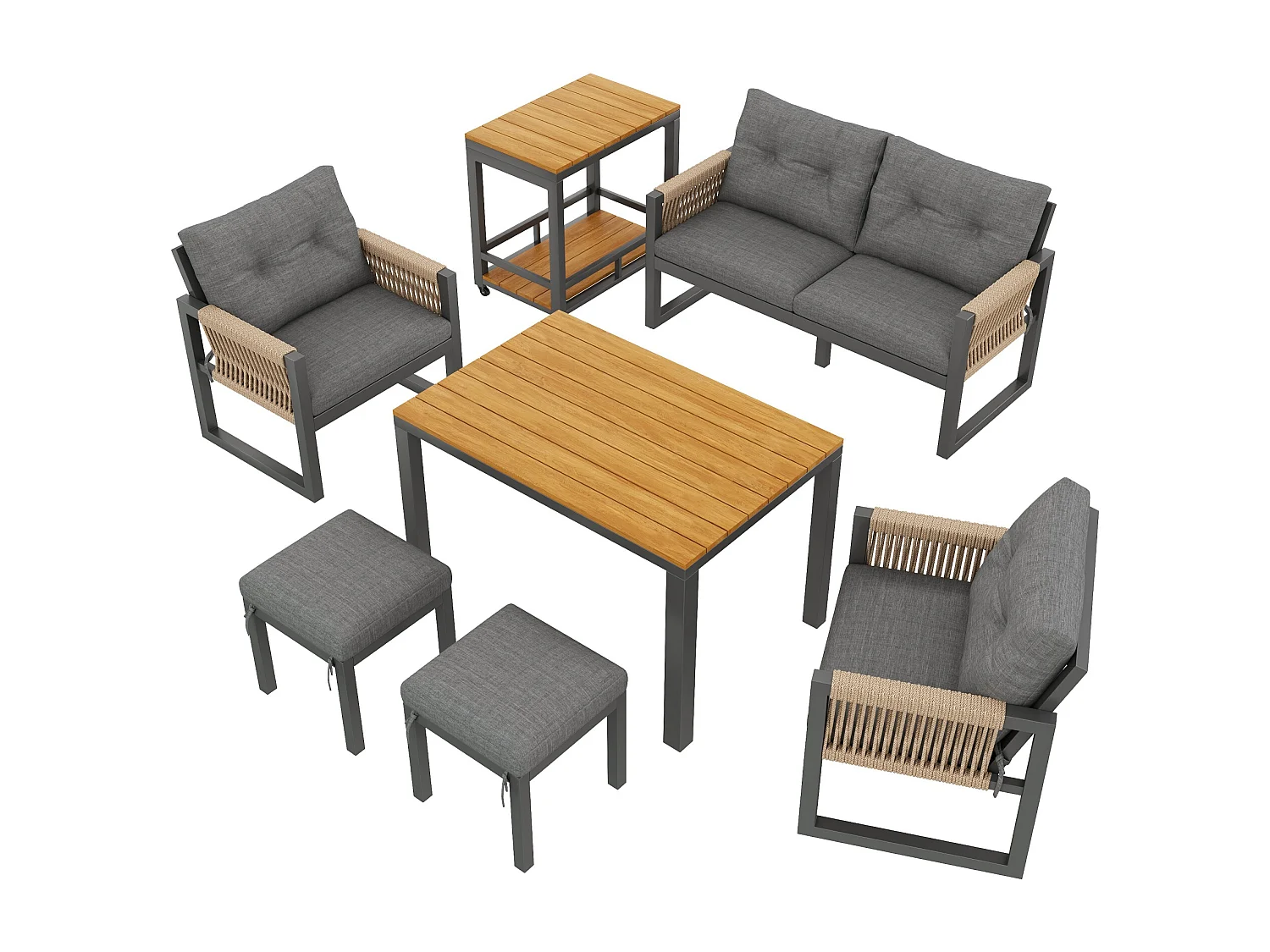 Ensemble de salle à manger de jardin 6 personnes - 4 fauteuils - 1 table - 2 tabourets - en fer galvanisé - en tissu amovibles et lavables - Gris