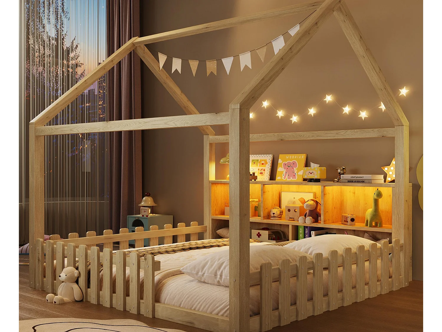 Lit cabane enfant 140x190 cm - avec barrières de sécurité - avec bande lumineuse LED - compartiments de rangement ouverts - naturel (matelas non inclus)