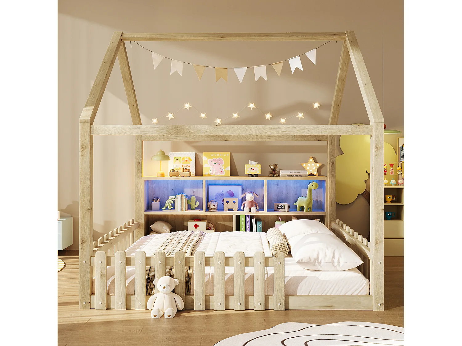 Lit cabane enfant 140x190 cm - avec barrières de sécurité - avec bande lumineuse LED - compartiments de rangement ouverts - naturel (matelas non inclus)