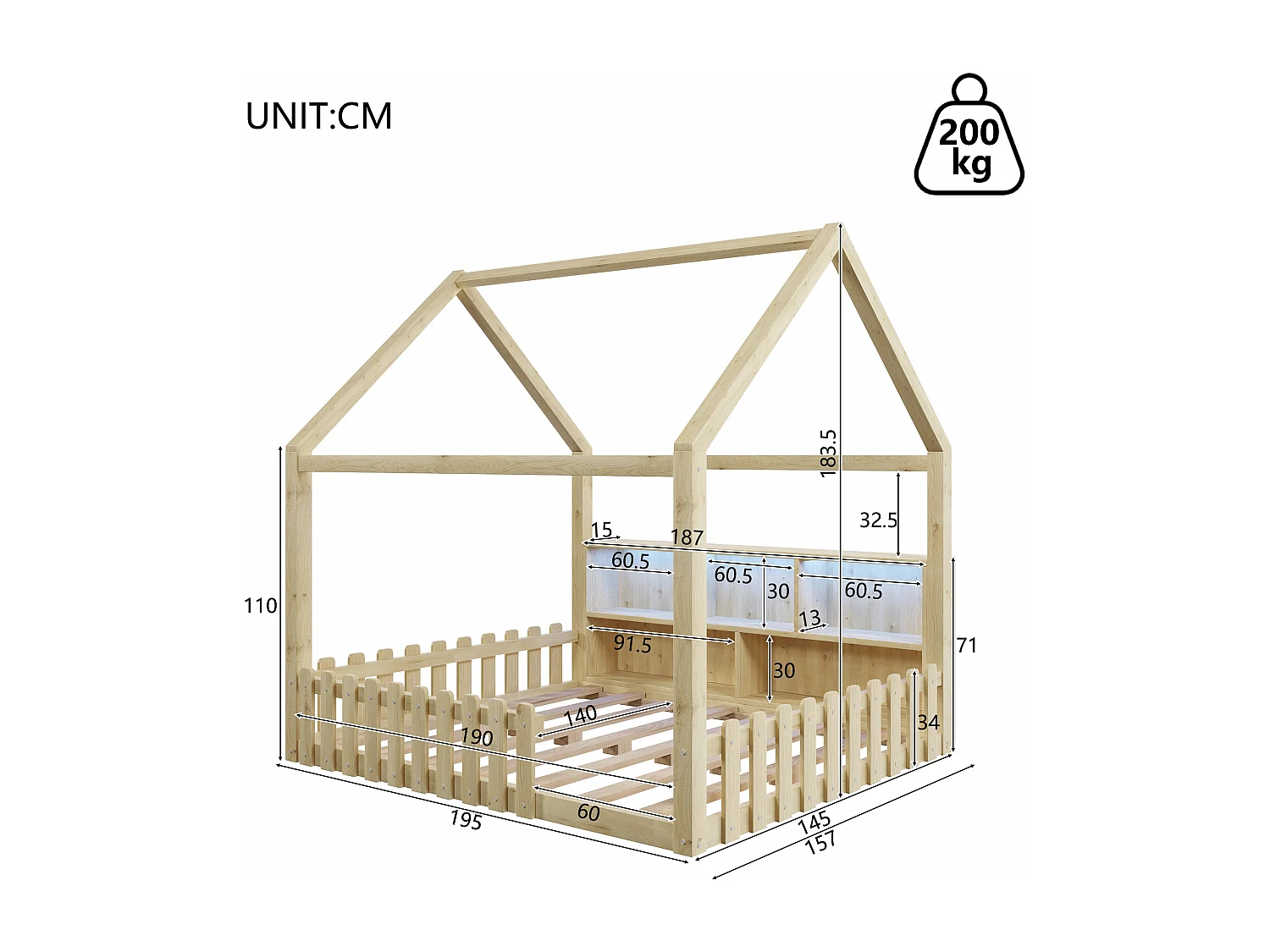 Lit cabane enfant 140x190 cm - avec barrières de sécurité - avec bande lumineuse LED - compartiments de rangement ouverts - naturel (matelas non inclus)