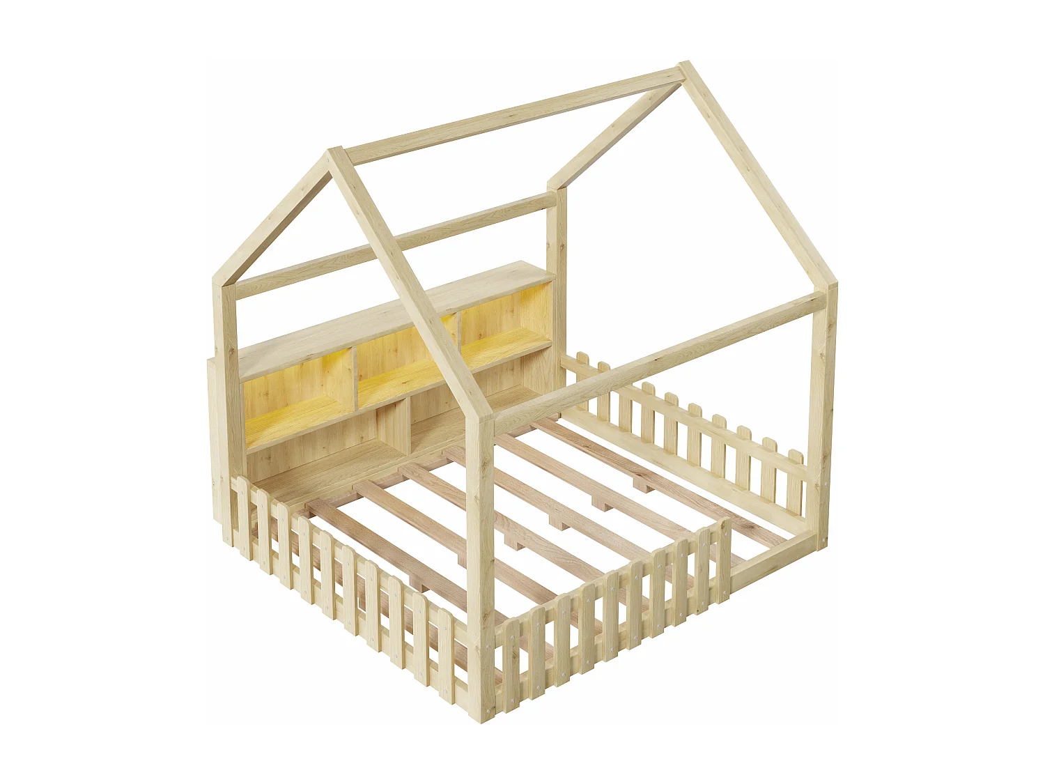 Lit cabane enfant 140x190 cm - avec barrières de sécurité - avec bande lumineuse LED - compartiments de rangement ouverts - naturel (matelas non inclus)