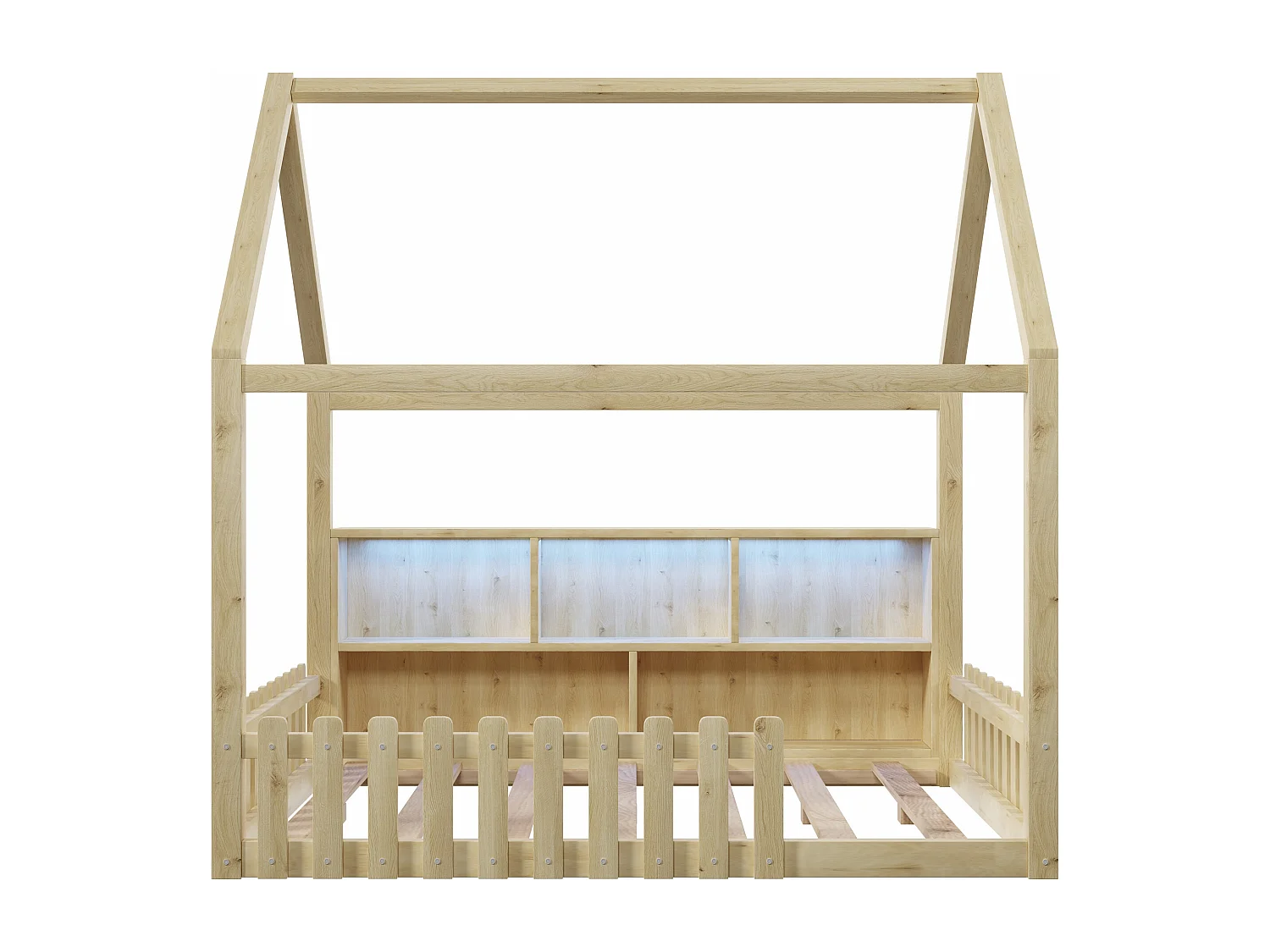 Lit cabane enfant 140x190 cm - avec barrières de sécurité - avec bande lumineuse LED - compartiments de rangement ouverts - naturel (matelas non inclus)