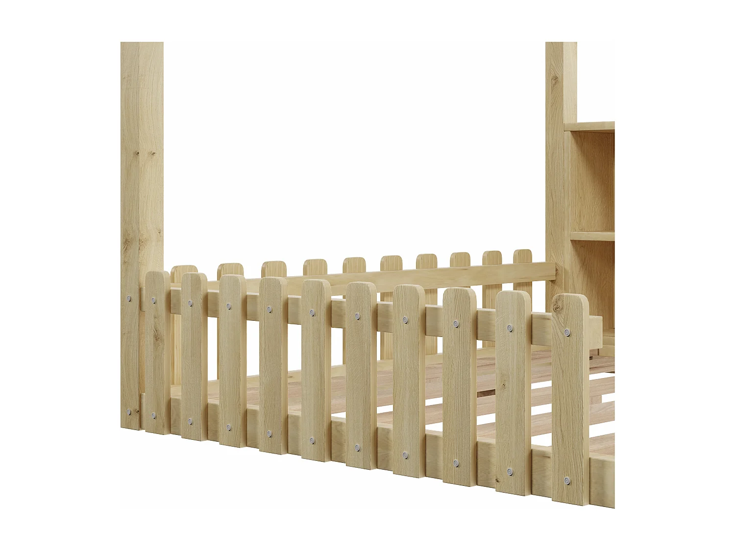 Lit cabane enfant 140x190 cm - avec barrières de sécurité - avec bande lumineuse LED - compartiments de rangement ouverts - naturel (matelas non inclus)
