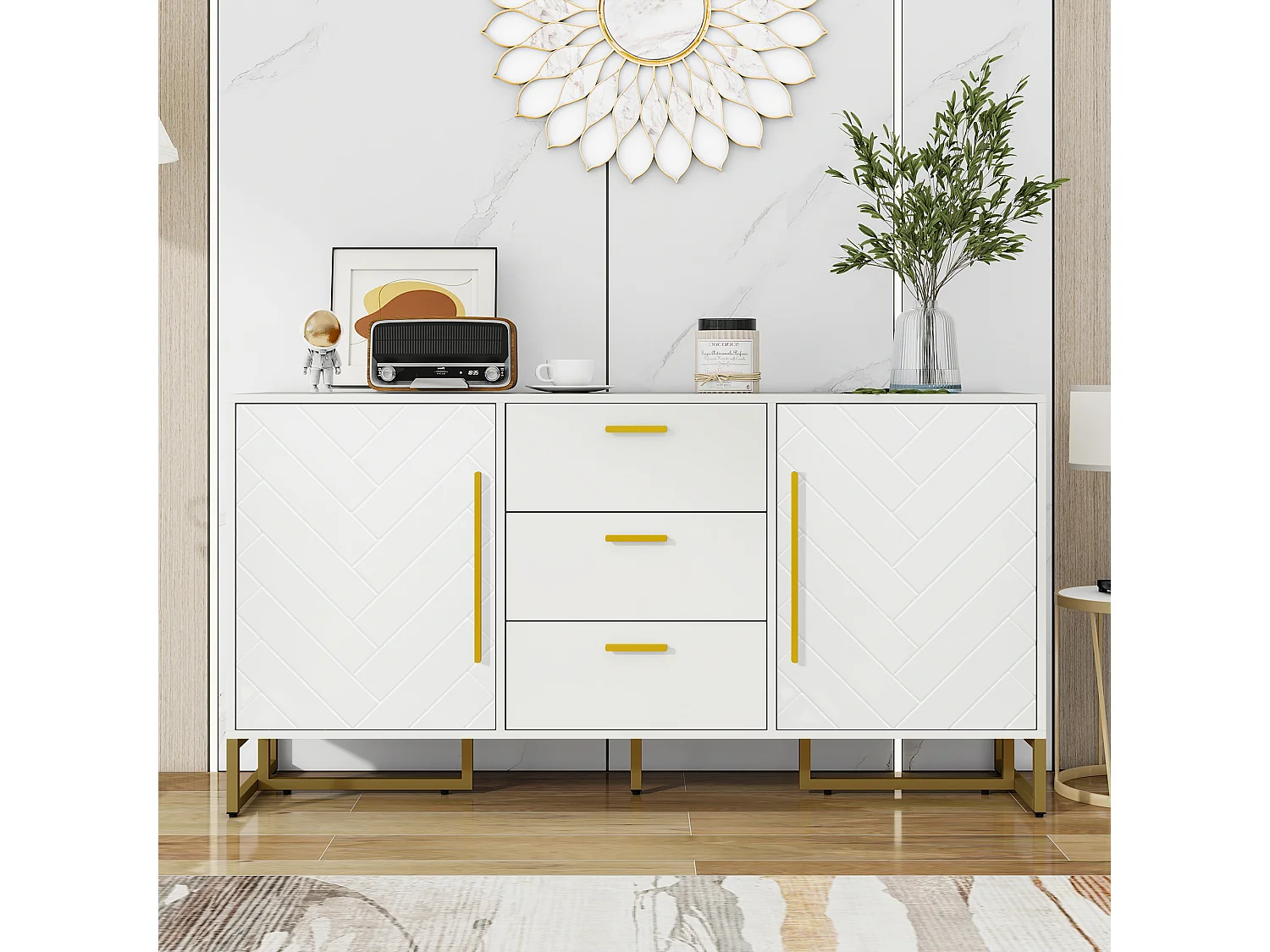 Buffet moderne 145x40x75cm - avec 2 portes et 3 tiroirs - avec étagères réglables - à motif de chevrons - Blanc