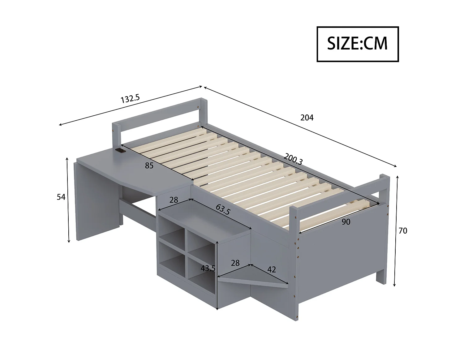 Letto per bambini 90 x 200 cm - con scomparti di riporre - con presa elettrica - rete a doghe - grigio​ (materasso non incluso)