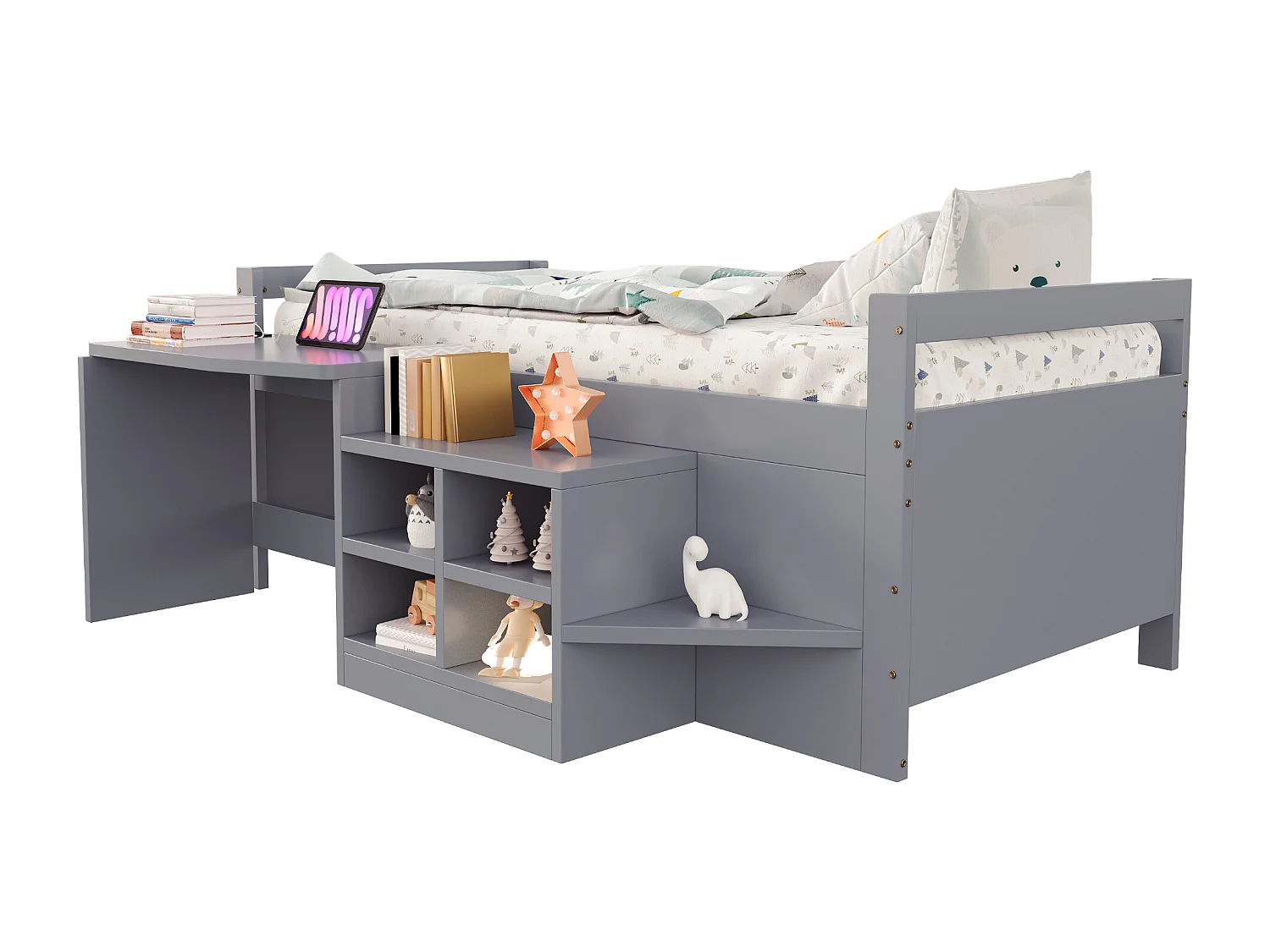 Letto per bambini 90 x 200 cm - con scomparti di riporre - con presa elettrica - rete a doghe - grigio​ (materasso non incluso)