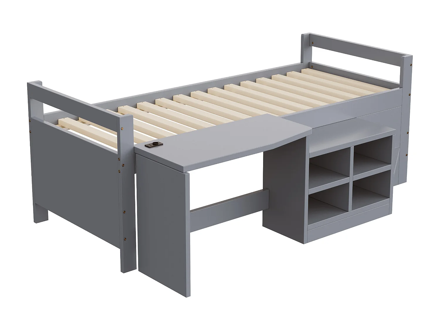 Letto per bambini 90 x 200 cm - con scomparti di riporre - con presa elettrica - rete a doghe - grigio​ (materasso non incluso)