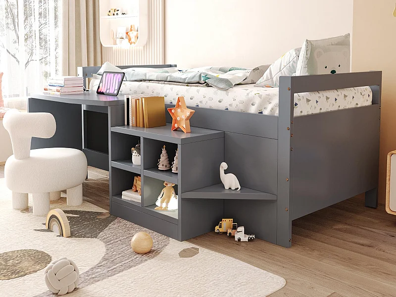 Letto per bambini 90 x 200 cm - con scomparti di riporre - con presa elettrica - rete a doghe - grigio​ (materasso non incluso)