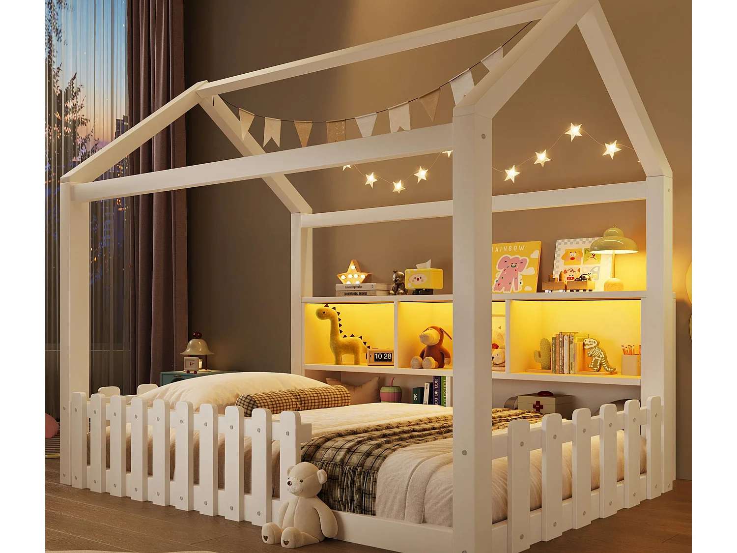 Lit cabane enfant 90x190 cm - avec barrières de sécurité - avec bande lumineuse LED - compartiments de rangement ouverts - blanc (matelas non inclus)