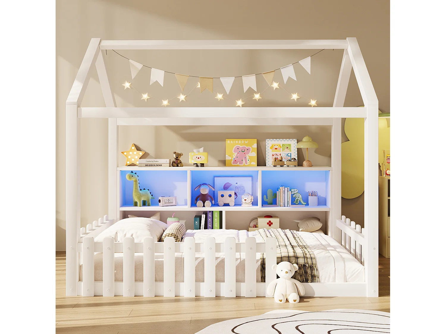Lit cabane enfant 90x190 cm - avec barrières de sécurité - avec bande lumineuse LED - compartiments de rangement ouverts - blanc (matelas non inclus)