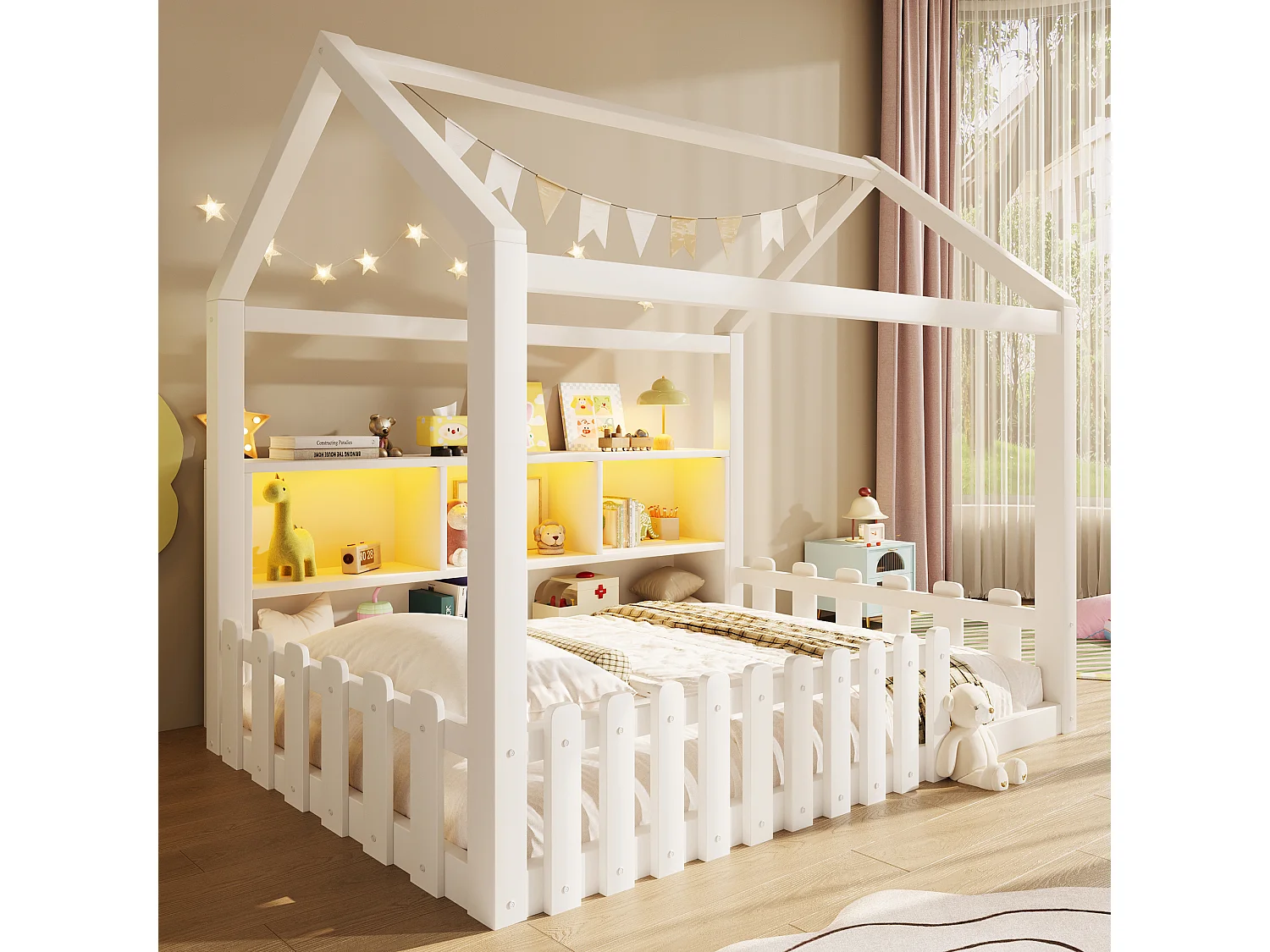 Lit cabane enfant 90x190 cm - avec barrières de sécurité - avec bande lumineuse LED - compartiments de rangement ouverts - blanc (matelas non inclus)