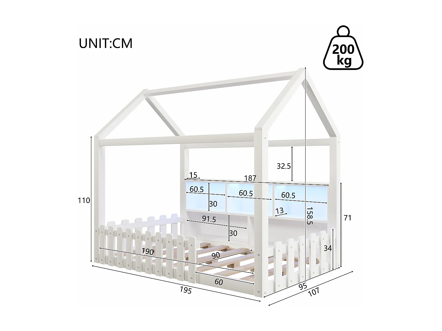 Lit cabane enfant 90x190 cm - avec barrières de sécurité - avec bande lumineuse LED - compartiments de rangement ouverts - blanc (matelas non inclus)