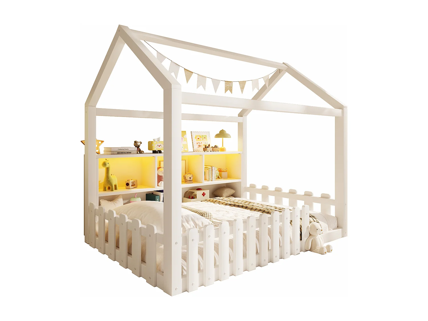 Lit cabane enfant 90x190 cm - avec barrières de sécurité - avec bande lumineuse LED - compartiments de rangement ouverts - blanc (matelas non inclus)