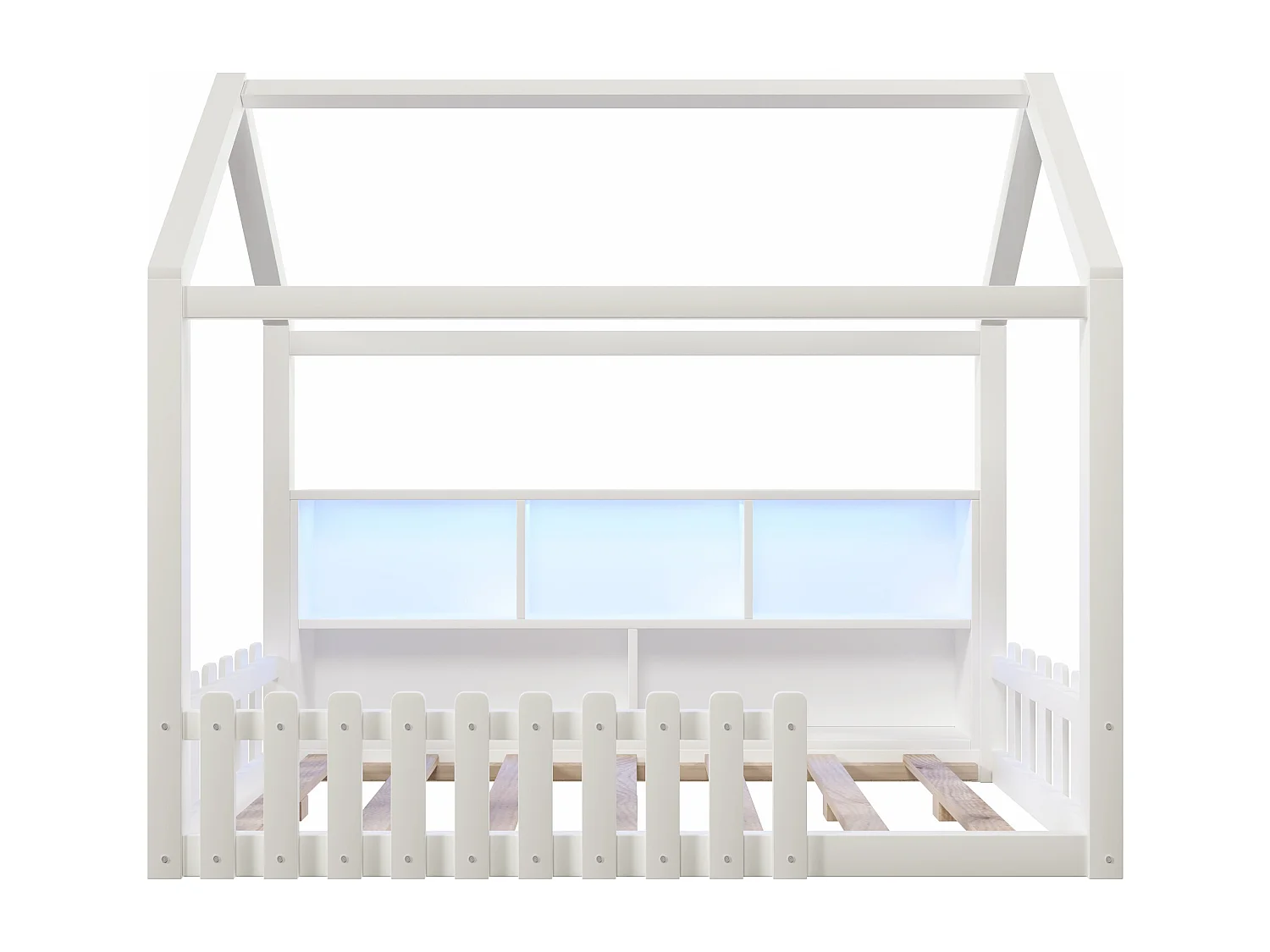 Lit cabane enfant 90x190 cm - avec barrières de sécurité - avec bande lumineuse LED - compartiments de rangement ouverts - blanc (matelas non inclus)