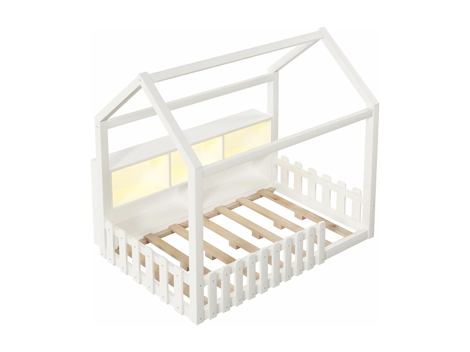 Lit cabane enfant 90x190 cm - avec barrières de sécurité - avec bande lumineuse LED - compartiments de rangement ouverts - blanc (matelas non inclus)