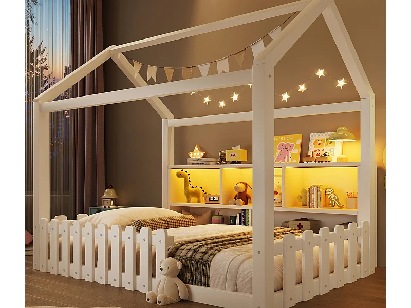 Lit cabane enfant 90x190 cm - avec barrières de sécurité - avec bande lumineuse LED - compartiments de rangement ouverts - blanc (matelas non inclus)