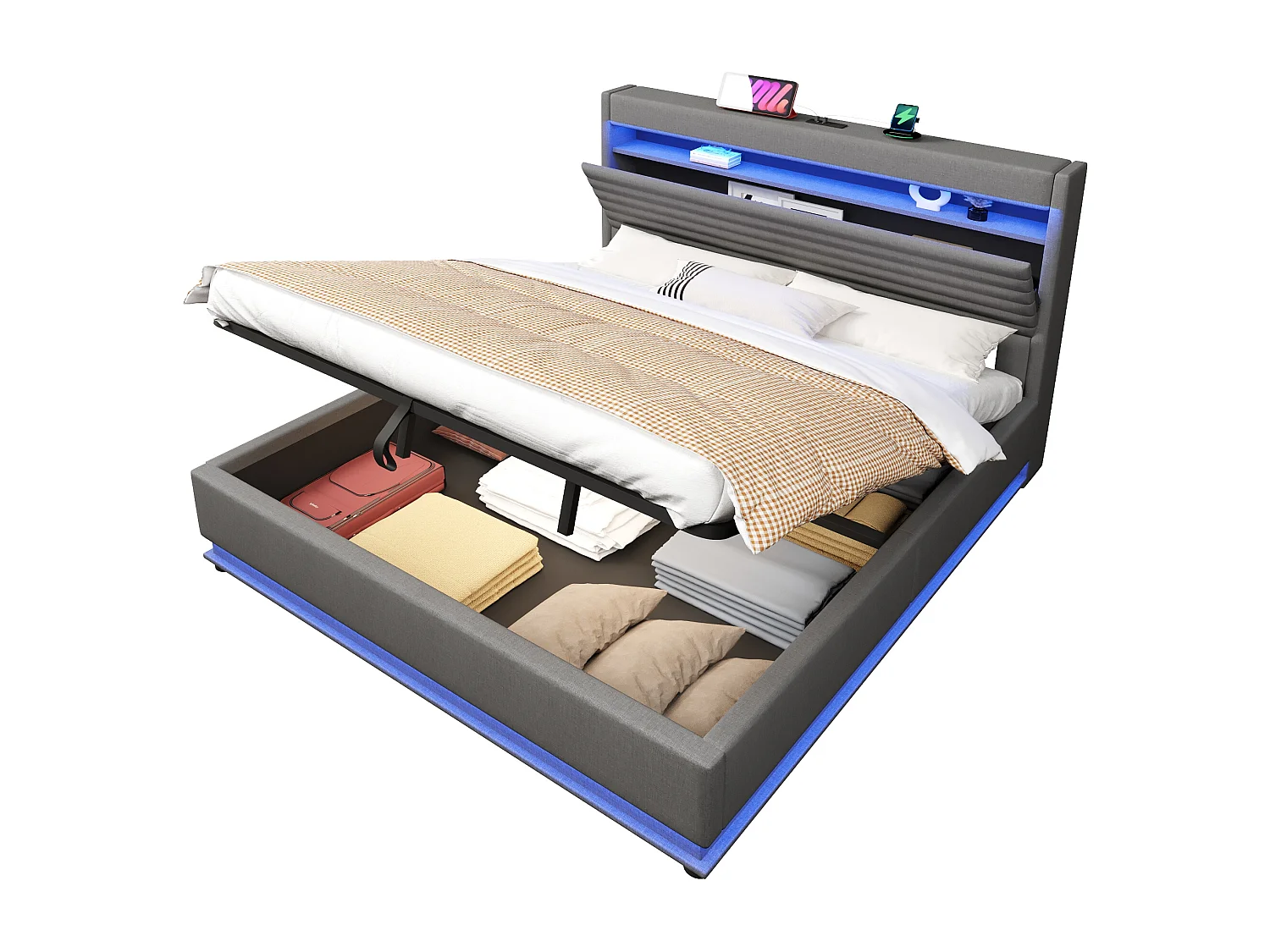 Lit coffre rembourré 180x200 cm - avec port USB Type-C - avec éclairage LED - avec compartiment de rangement - gris (matelas non inclus)