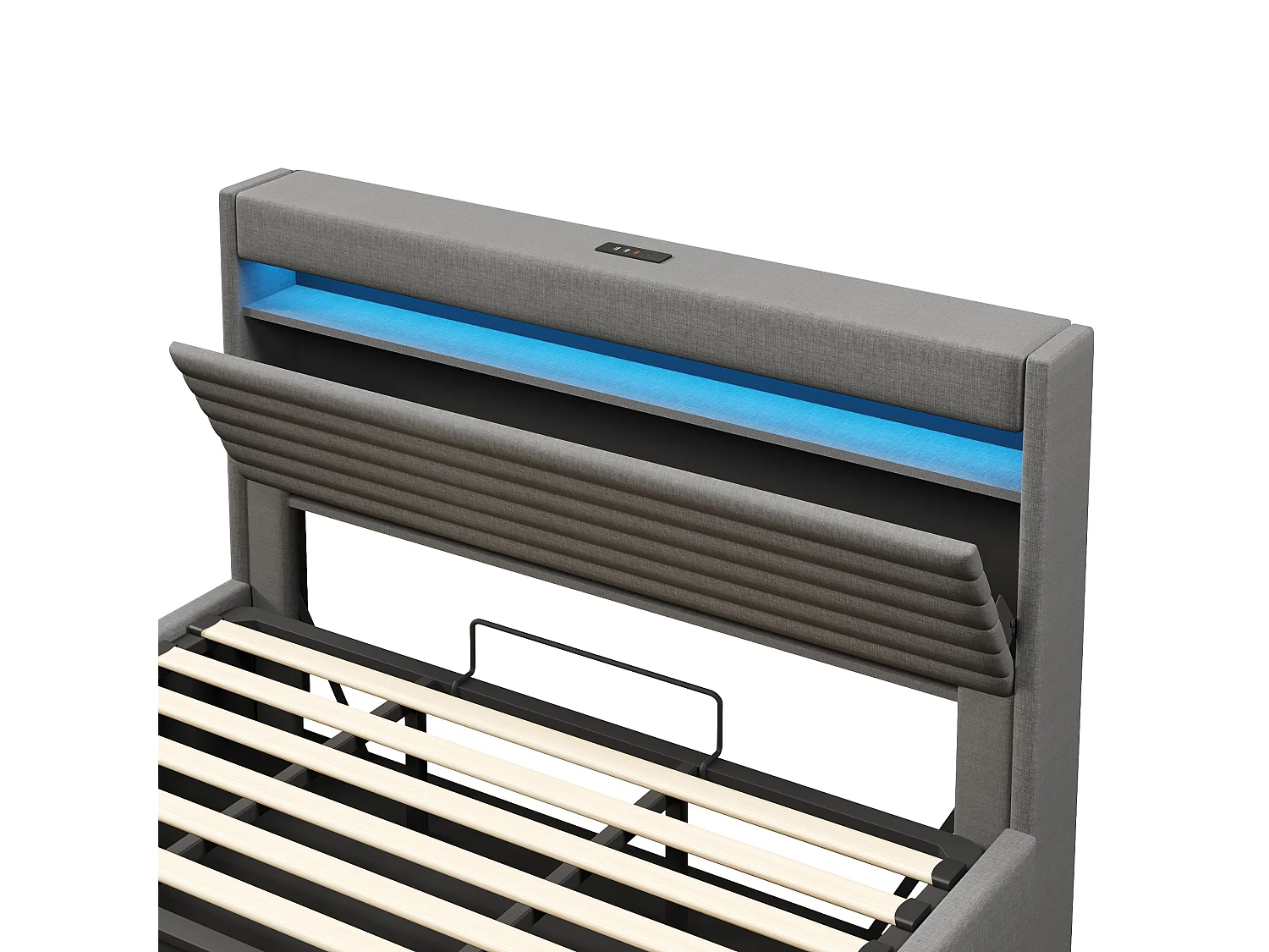 Lit coffre rembourré 180x200 cm - avec port USB Type-C - avec éclairage LED - avec compartiment de rangement - gris (matelas non inclus)