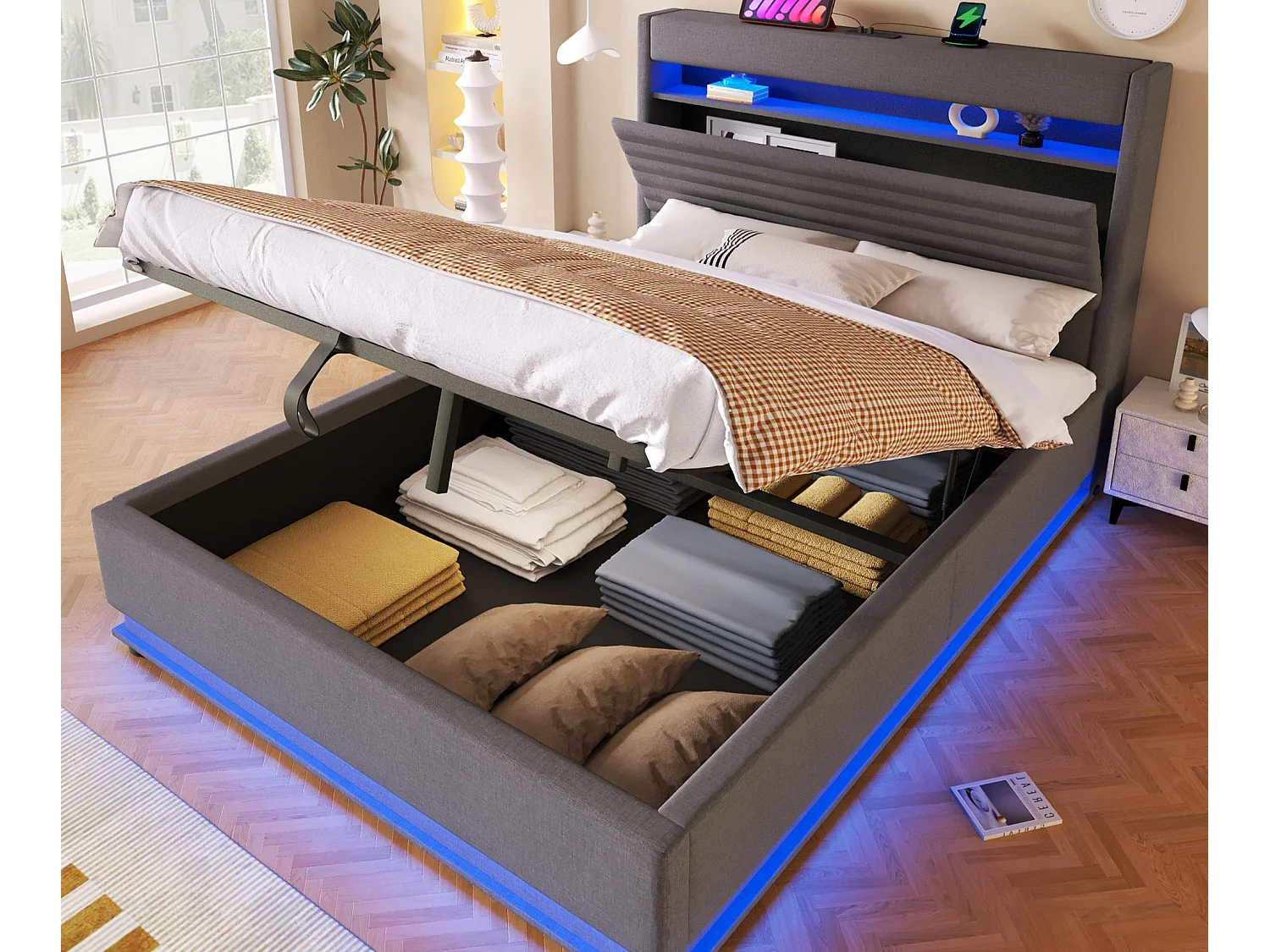 Lit coffre rembourré 140x200 cm - avec port USB Type-C - avec éclairage LED - avec compartiment de rangement - gris (matelas non inclus)