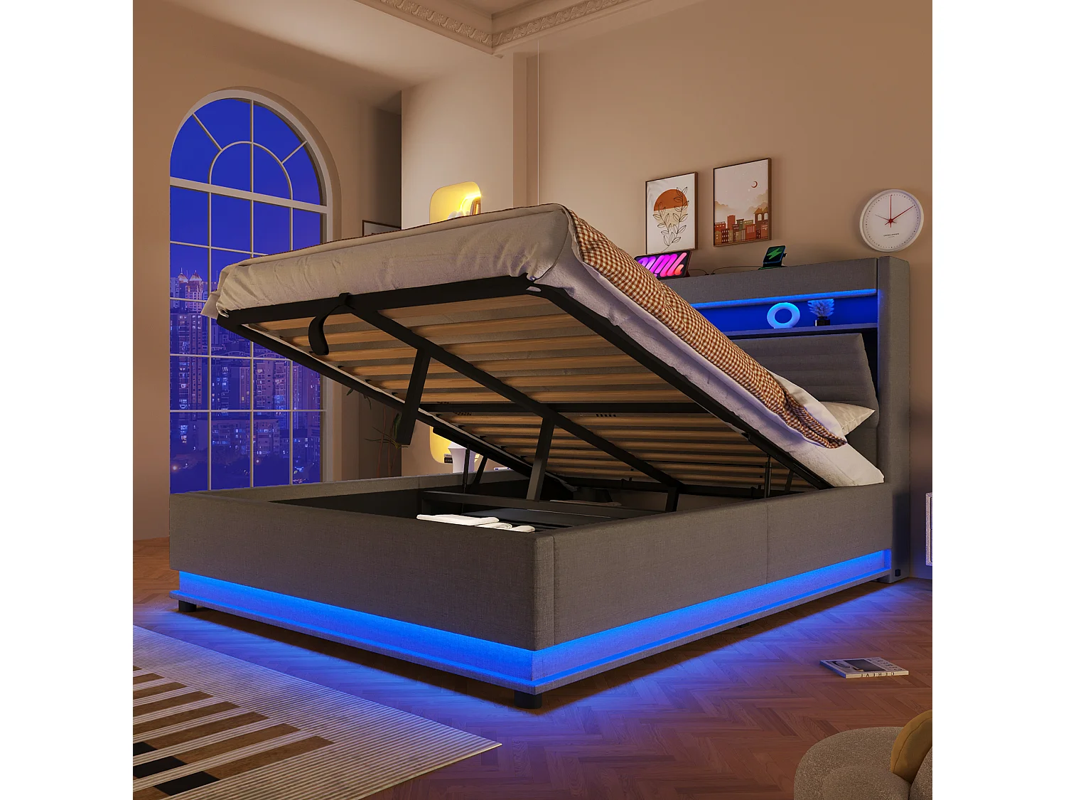 Lit coffre rembourré 140x200 cm - avec port USB Type-C - avec éclairage LED - avec compartiment de rangement - gris (matelas non inclus)