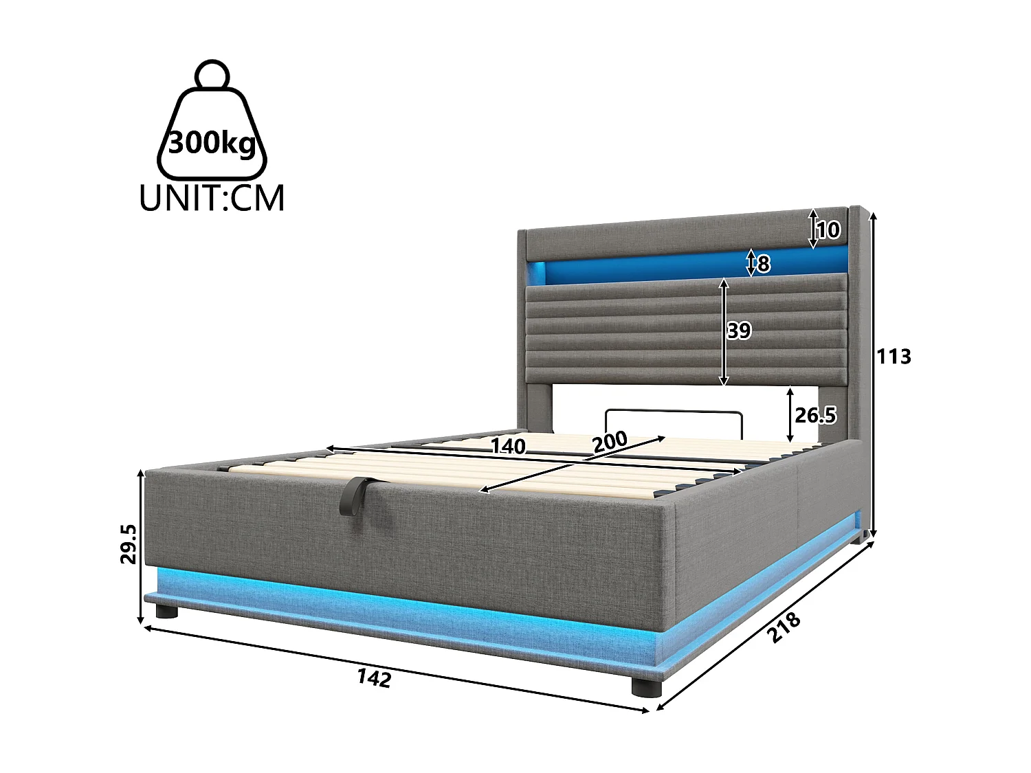 Lit coffre rembourré 140x200 cm - avec port USB Type-C - avec éclairage LED - avec compartiment de rangement - gris (matelas non inclus)