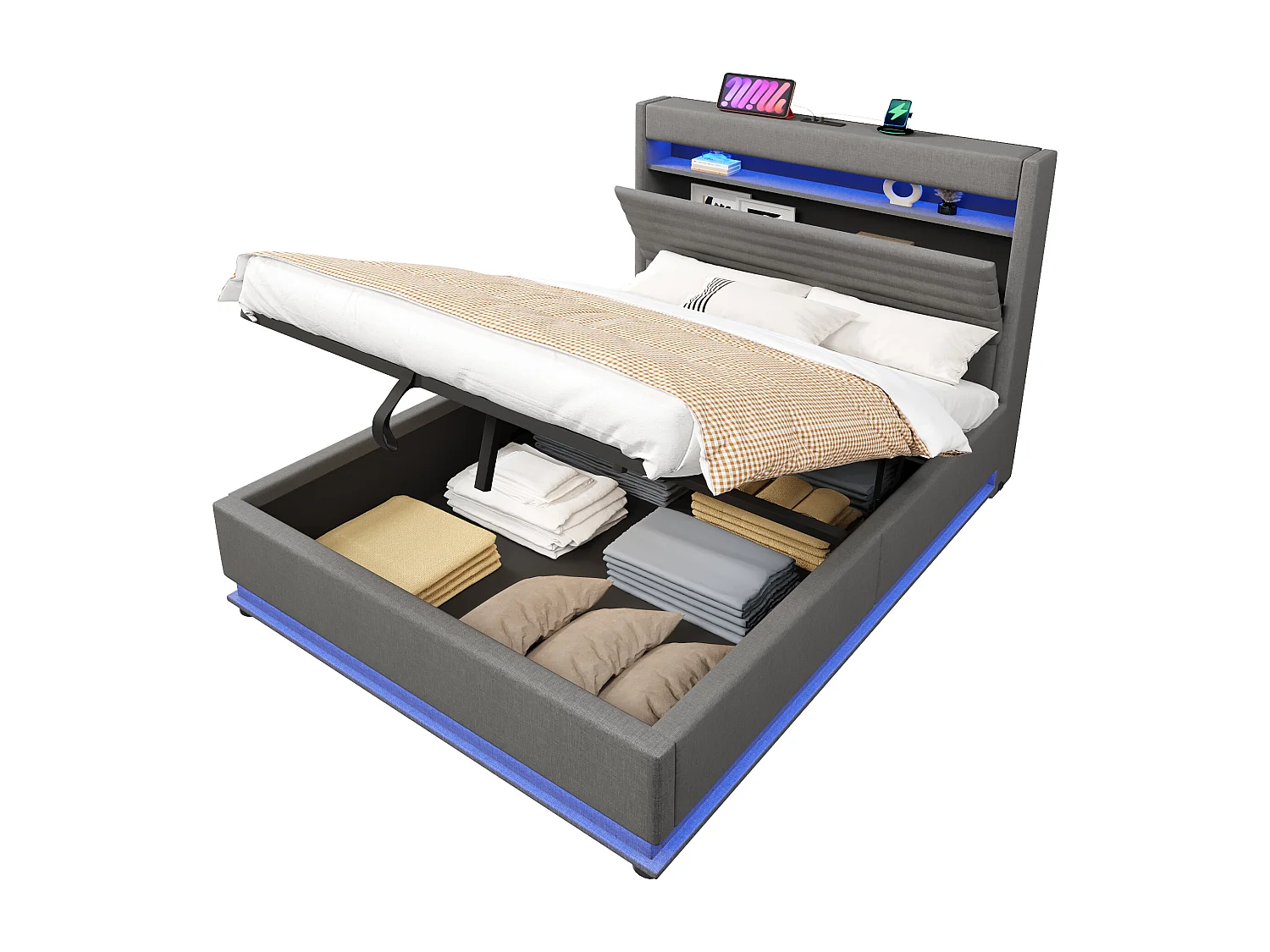 Lit coffre rembourré 140x200 cm - avec port USB Type-C - avec éclairage LED - avec compartiment de rangement - gris (matelas non inclus)