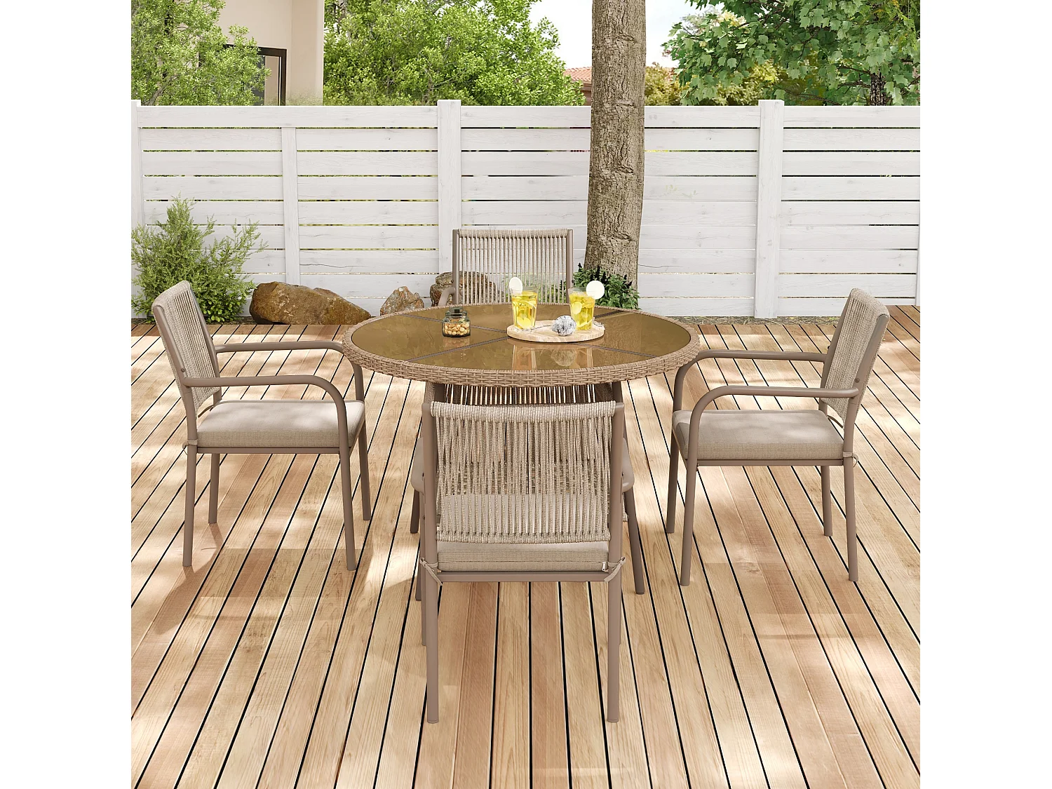 Ensemble de salle à manger de jardin pour 4 places - 4 fauteuils - 1 table - structure en fer galvanisé - Plateau en verre trempé - marron