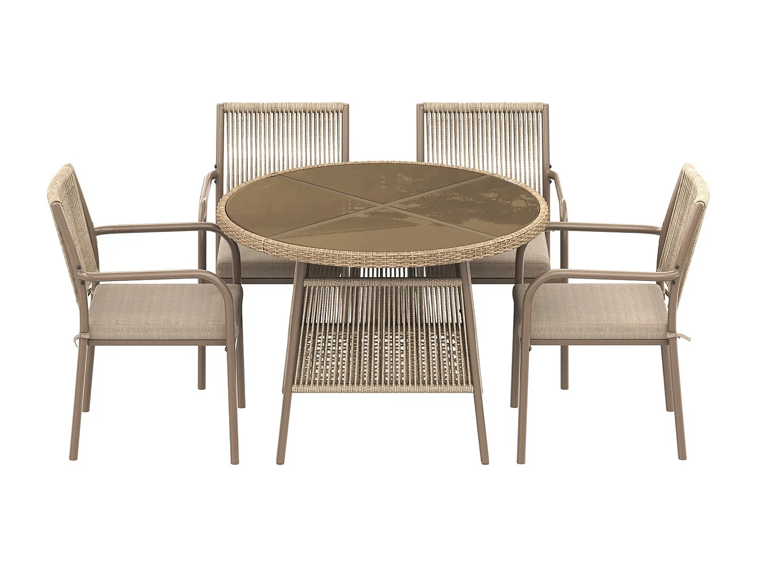 Ensemble de salle à manger de jardin pour 4 places - 4 fauteuils - 1 table - structure en fer galvanisé - Plateau en verre trempé - marron