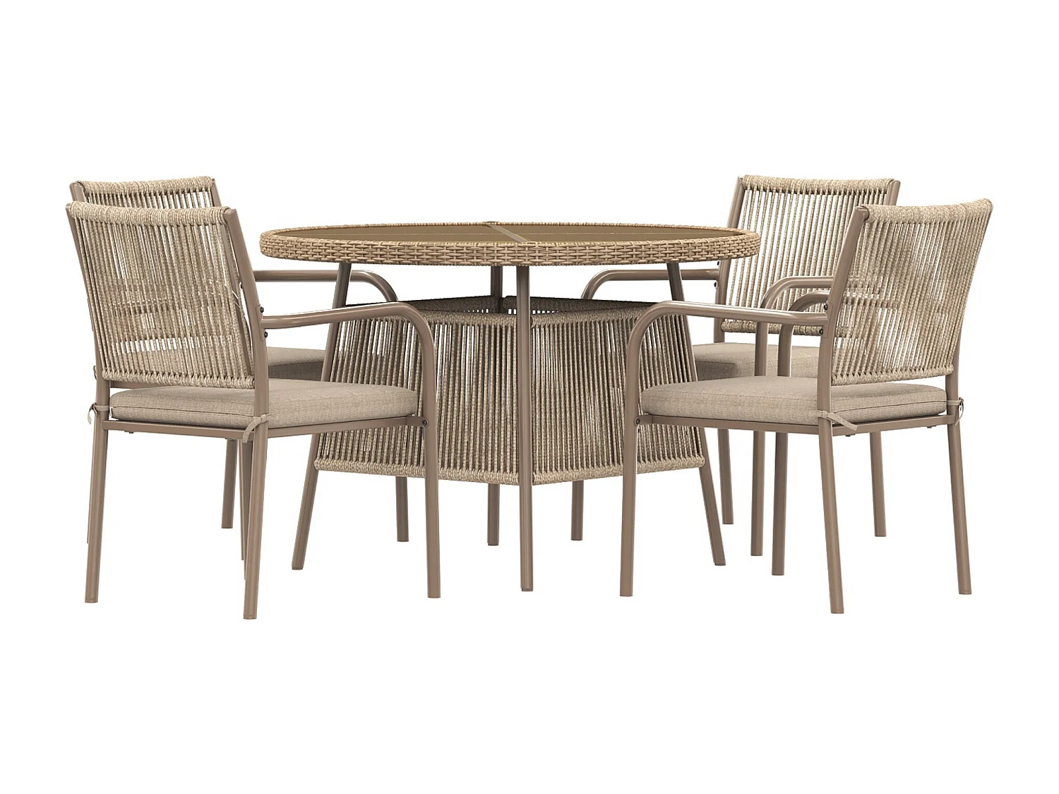 Ensemble de salle à manger de jardin pour 4 places - 4 fauteuils - 1 table - structure en fer galvanisé - Plateau en verre trempé - marron