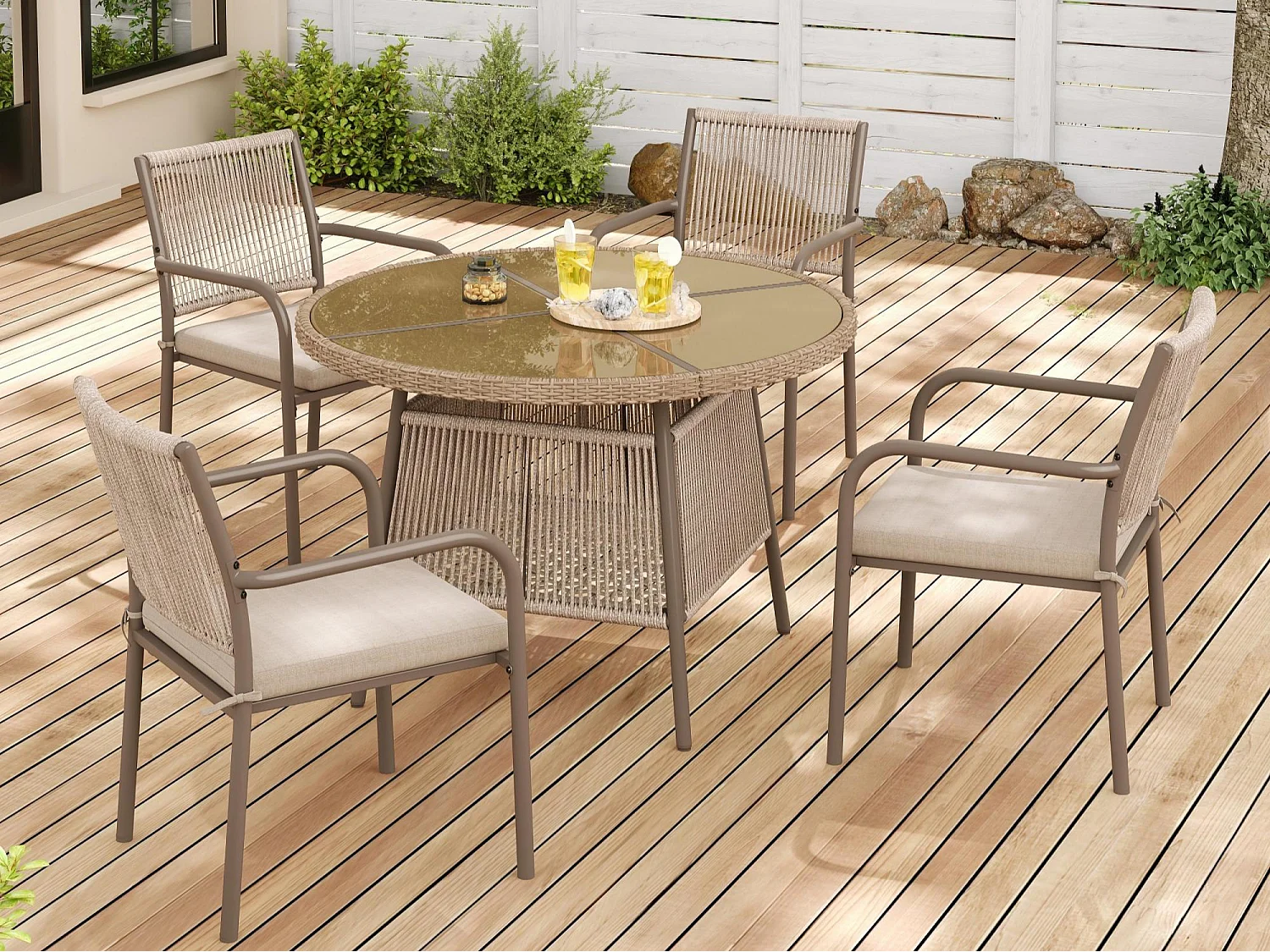 Zestaw jadalniany ogrodowy na 4 osoby - 4 fotele - 1 stół - konstrukcja z żelaza ocynkowanego - Blat ze szkła hartowanego - brązowy