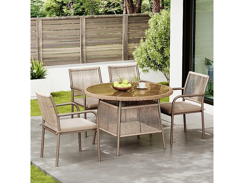 Ensemble de salle à manger de jardin pour 4 places - 4 fauteuils - 1 table - structure en fer galvanisé - Plateau en verre trempé - marron