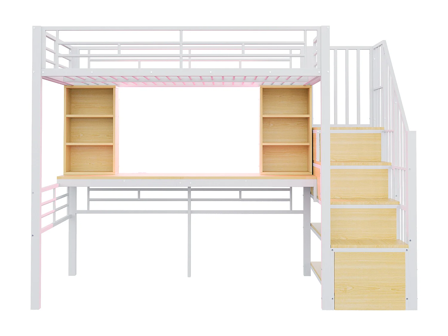 Lit mezzanine 90 x 200 cm - avec étagères - avec bureau - avec prise électrique - avec éclairage LED - avec escalier - blanc (matelas non inclus)