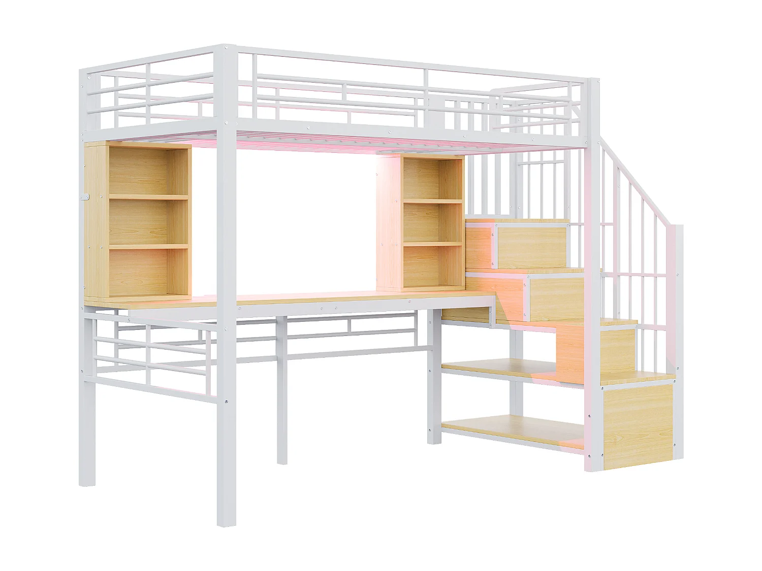 Lit mezzanine 90 x 200 cm - avec étagères - avec bureau - avec prise électrique - avec éclairage LED - avec escalier - blanc (matelas non inclus)