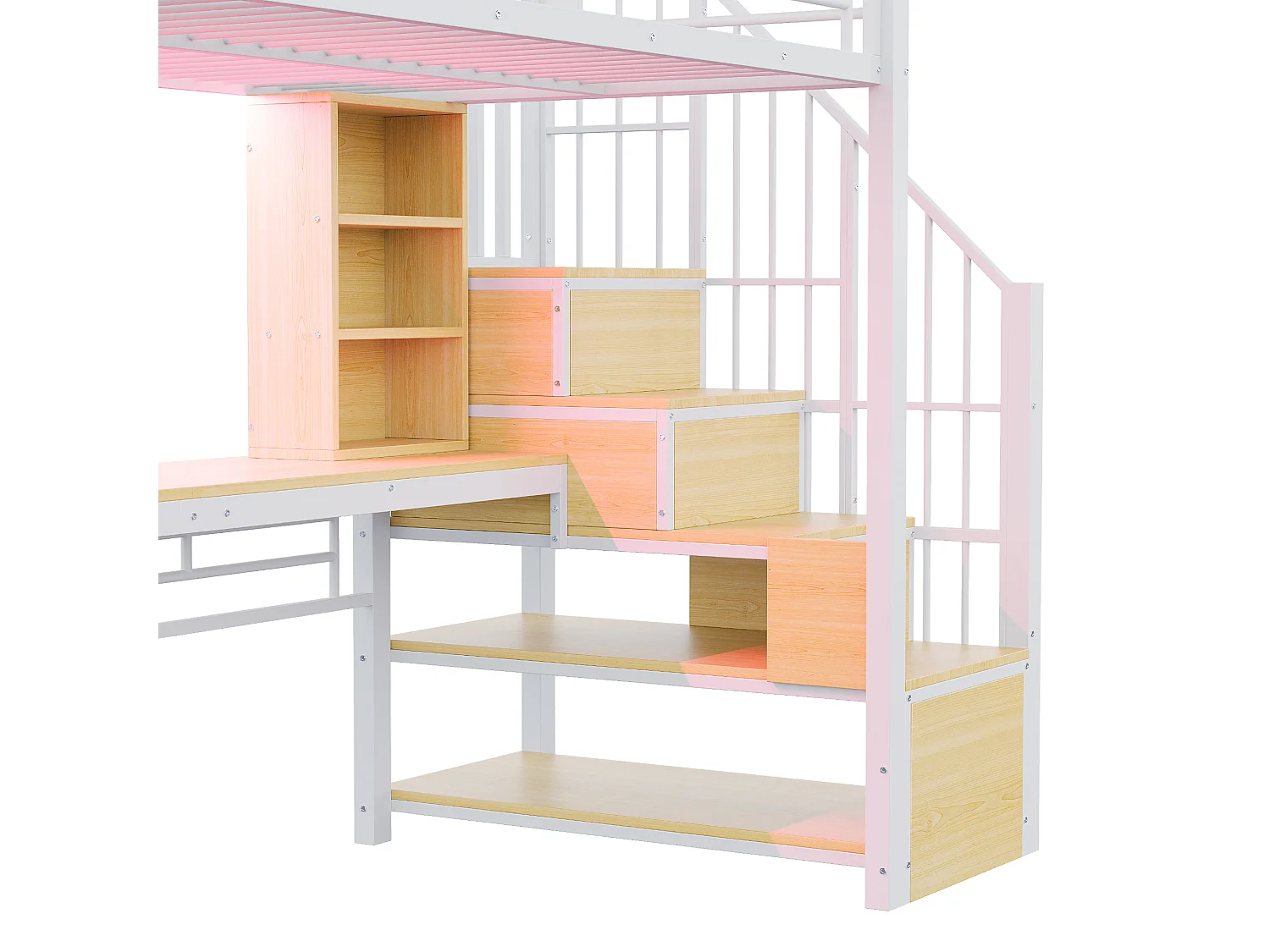 Lit mezzanine 90 x 200 cm - avec étagères - avec bureau - avec prise électrique - avec éclairage LED - avec escalier - blanc (matelas non inclus)