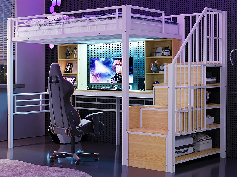 Lit mezzanine 90 x 200 cm - avec étagères - avec bureau - avec prise électrique - avec éclairage LED - avec escalier - blanc (matelas non inclus)