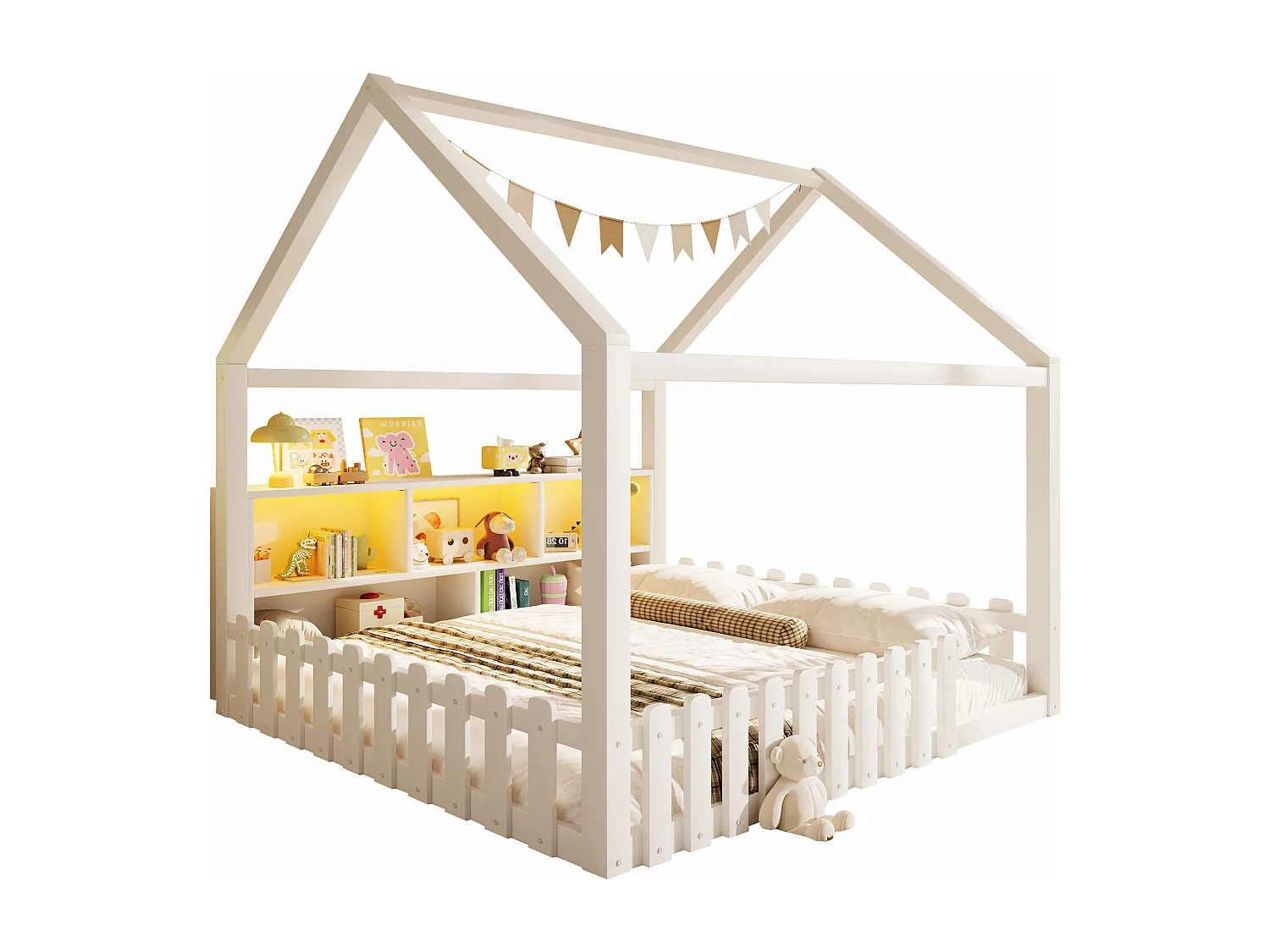 Lit cabane enfant 140x190 cm - avec barrières de sécurité - avec bande lumineuse LED - compartiments de rangement ouverts - blanc (matelas non inclus)