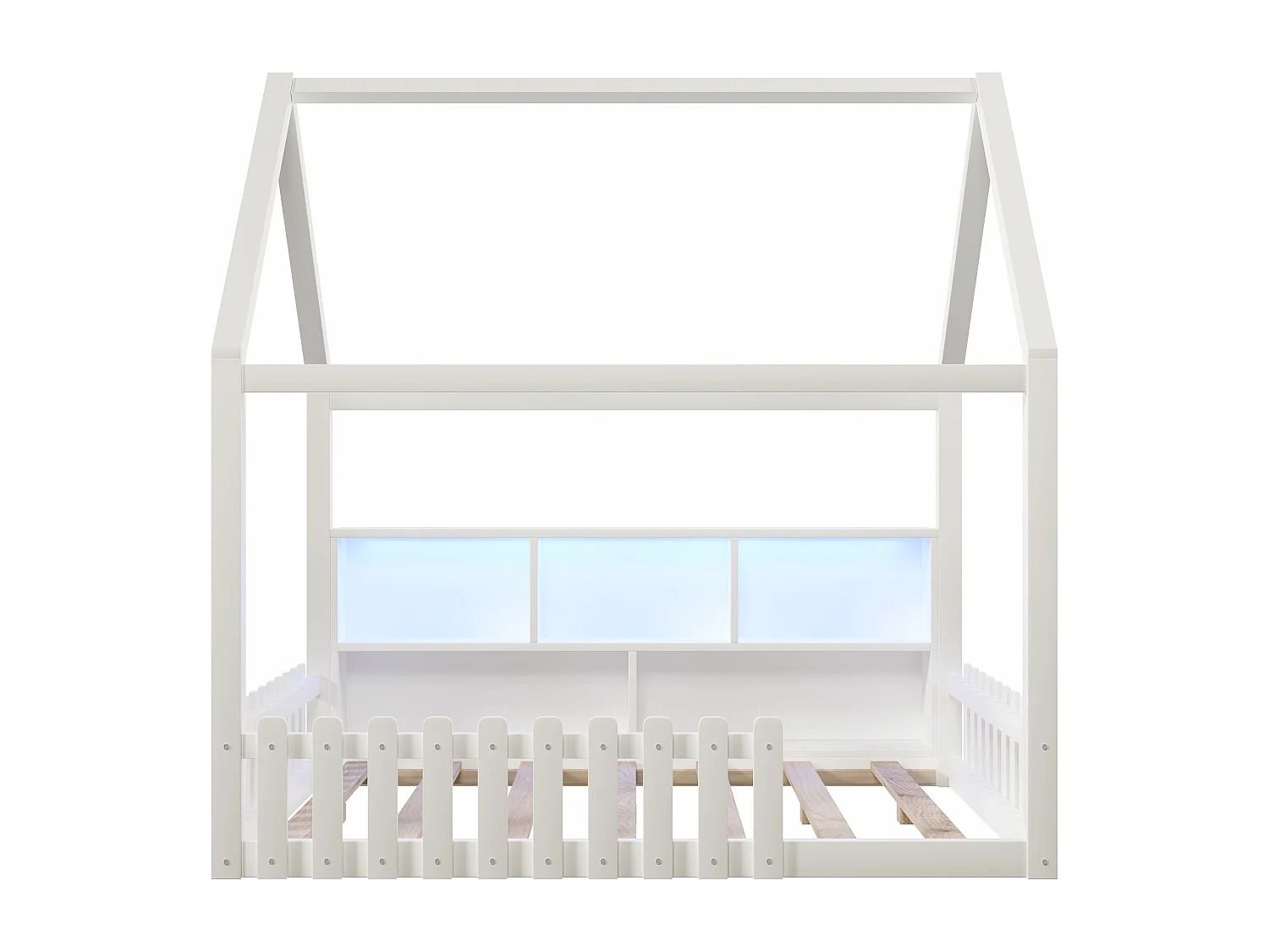Lit cabane enfant 140x190 cm - avec barrières de sécurité - avec bande lumineuse LED - compartiments de rangement ouverts - blanc (matelas non inclus)